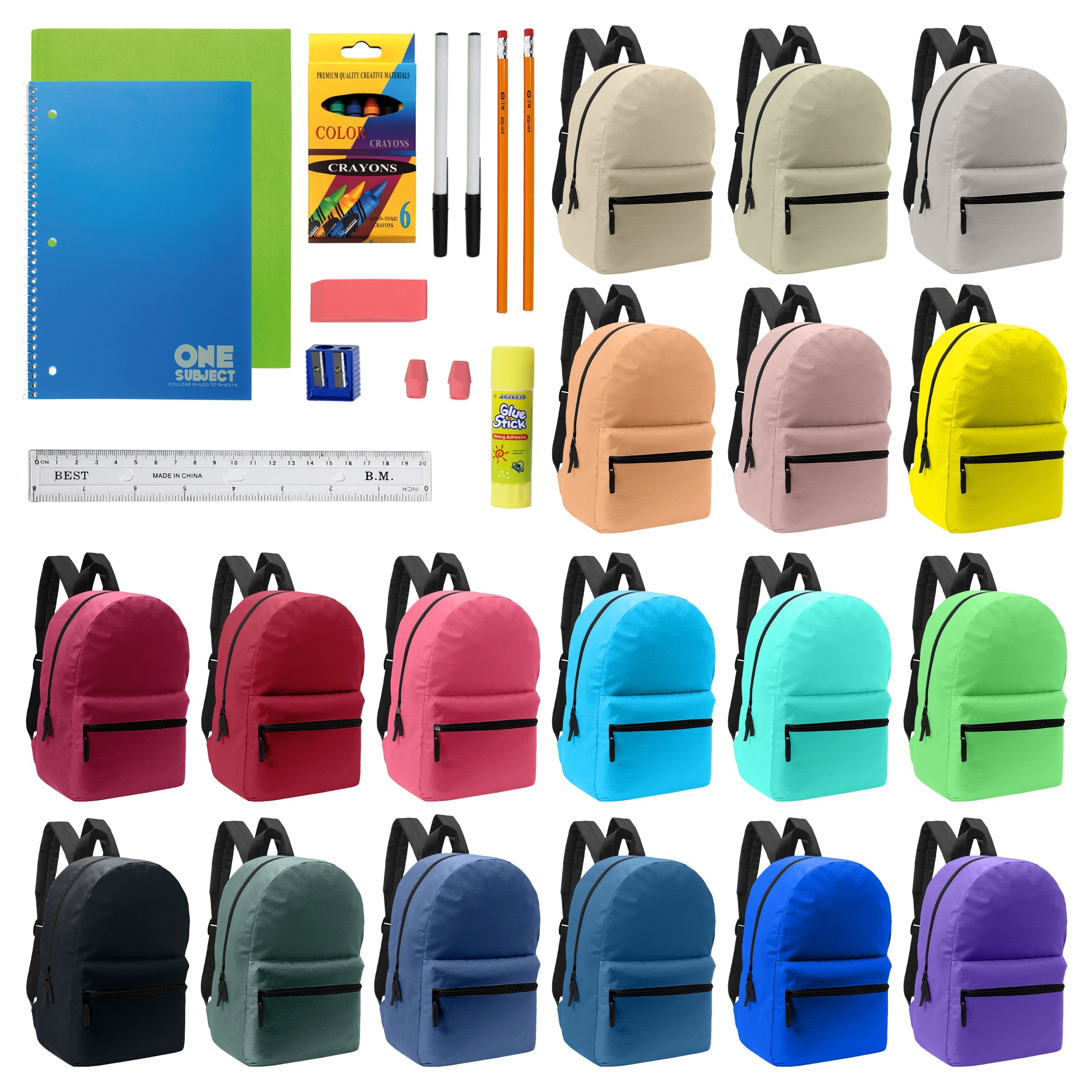 12 Wholesale Random Color 17" Backpacks and 12 Bulk School Supply Kits of Your Choice