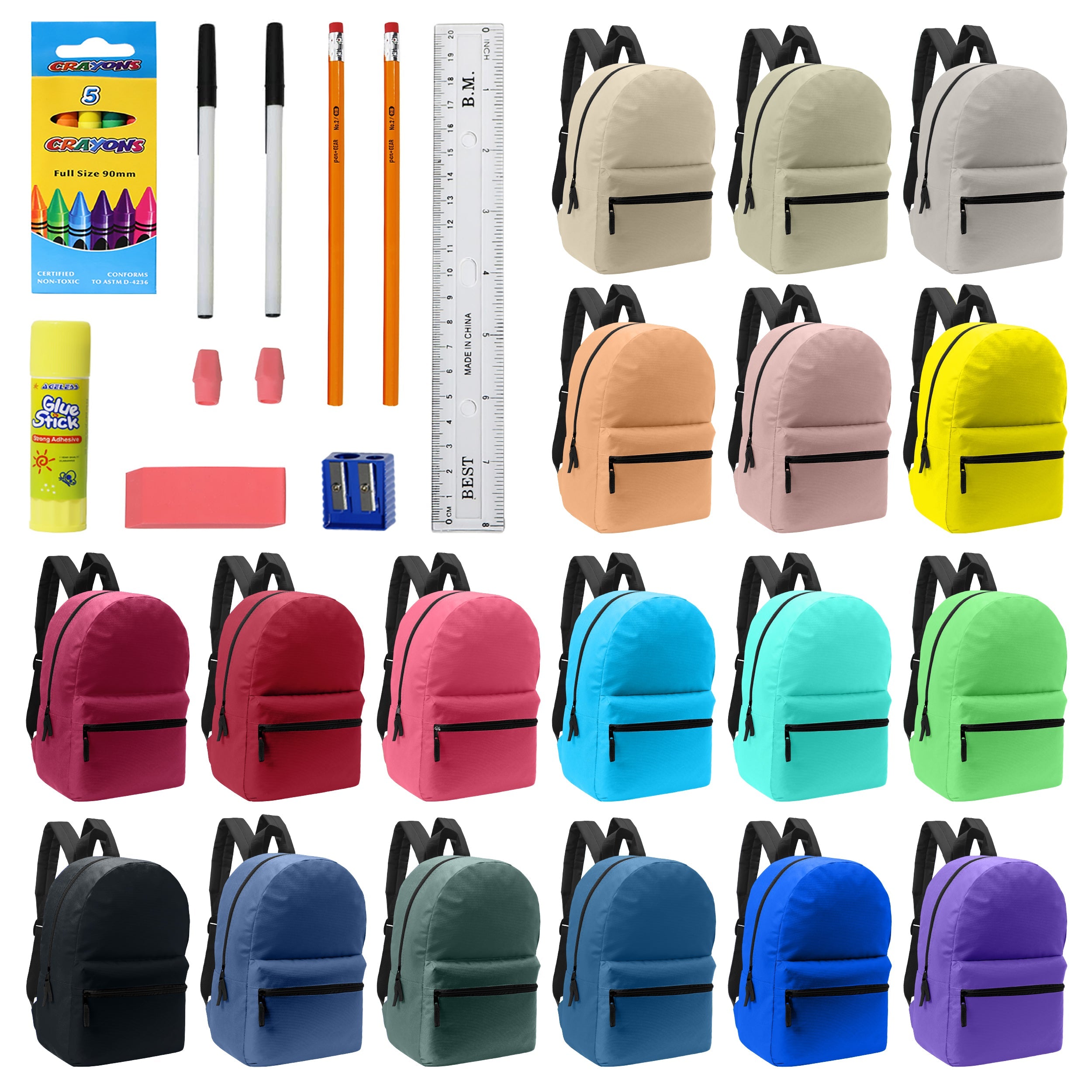 12 Wholesale Random Color 17" Backpacks and 12 Bulk School Supply Kits of Your Choice