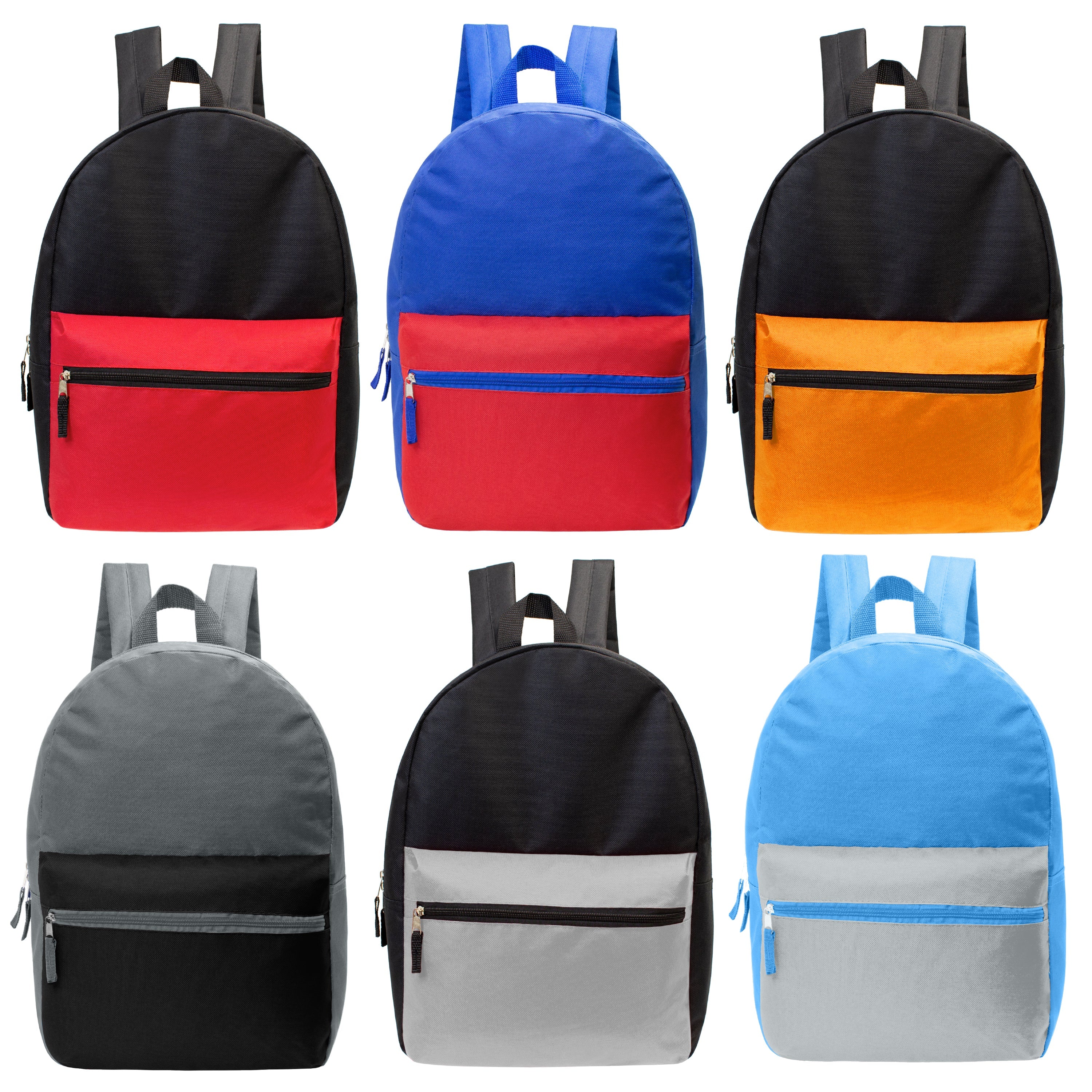 17" Kids Basic Wholesale Backpack in 6 Boy Colors 2 Tone - Bulk Case of 24 Backpacks