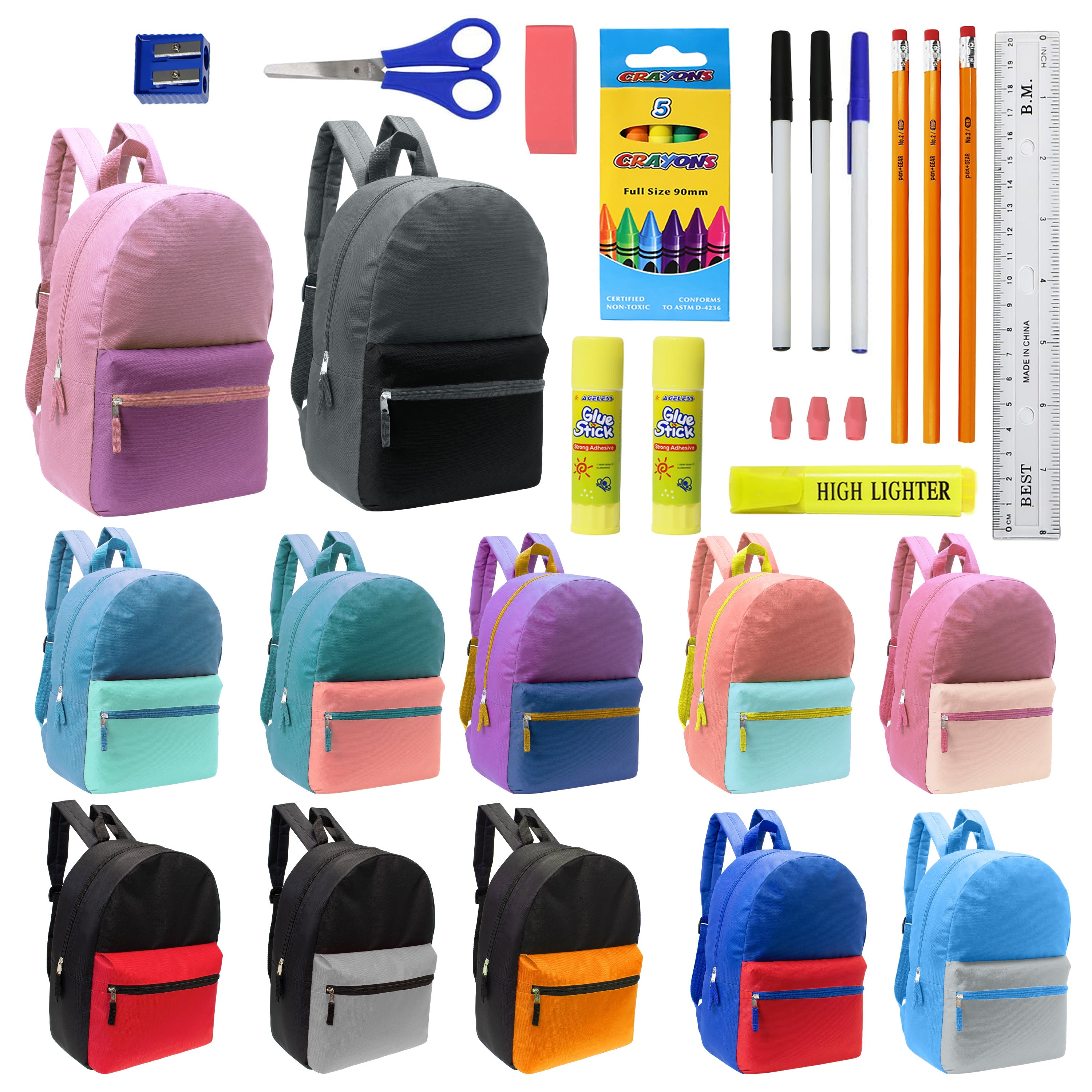 12 Wholesale Multi Color Student Backpacks in Assorted Colors and 12 Bulk School Supply Kits of Your Choice