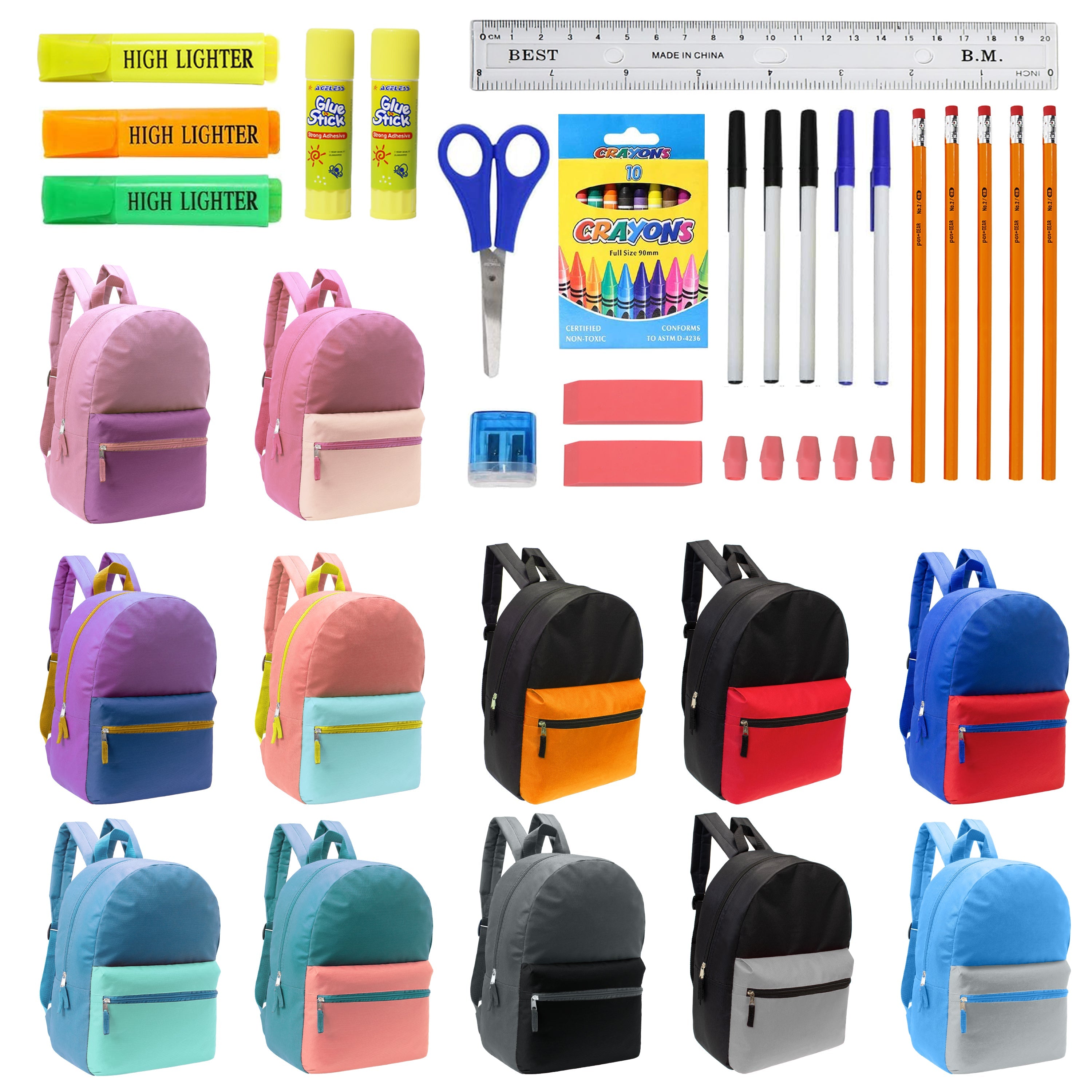 12 Wholesale Multi Color Student Backpacks in Assorted Colors and 12 Bulk School Supply Kits of Your Choice