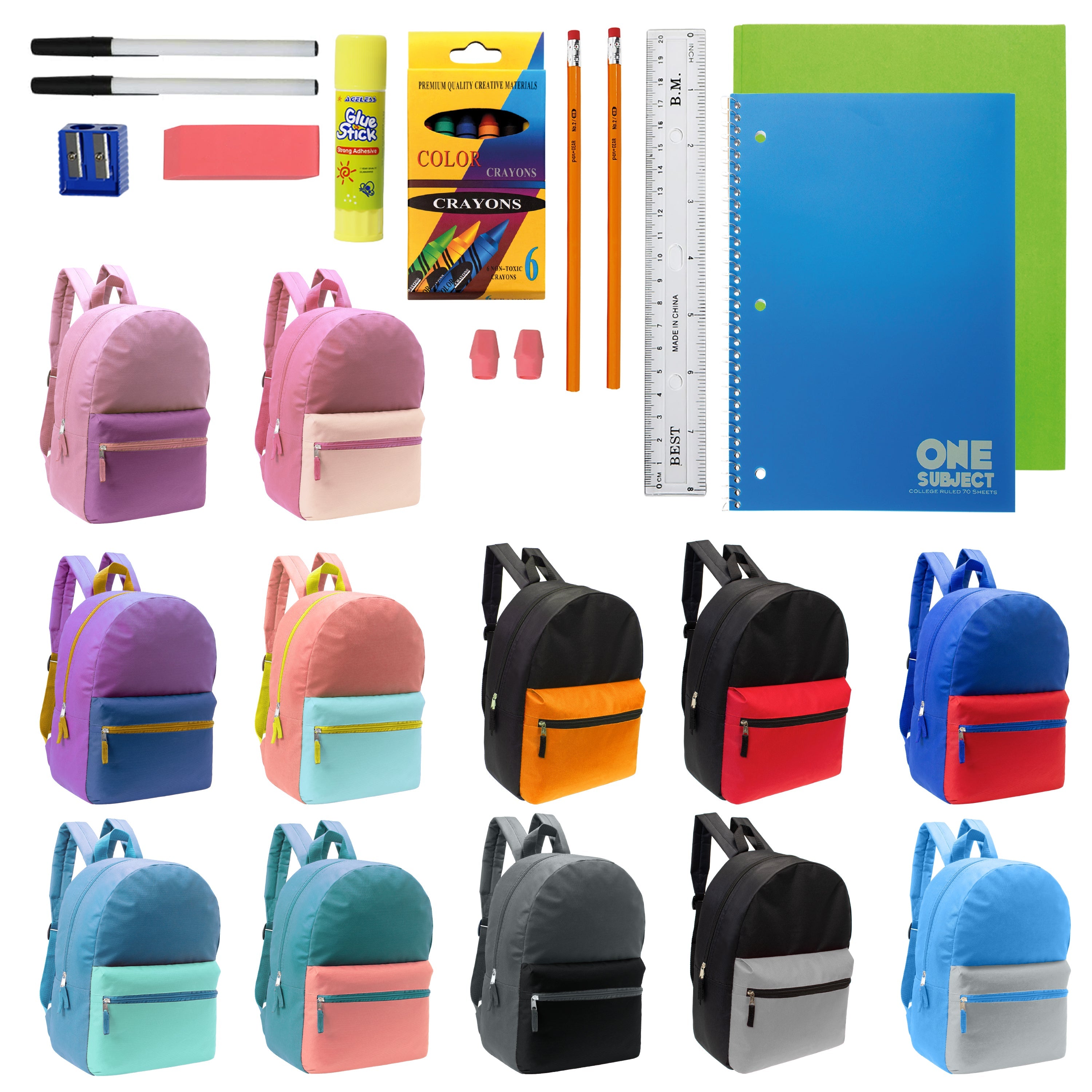 12 Wholesale Multi Color Student Backpacks in Assorted Colors and 12 Bulk School Supply Kits of Your Choice