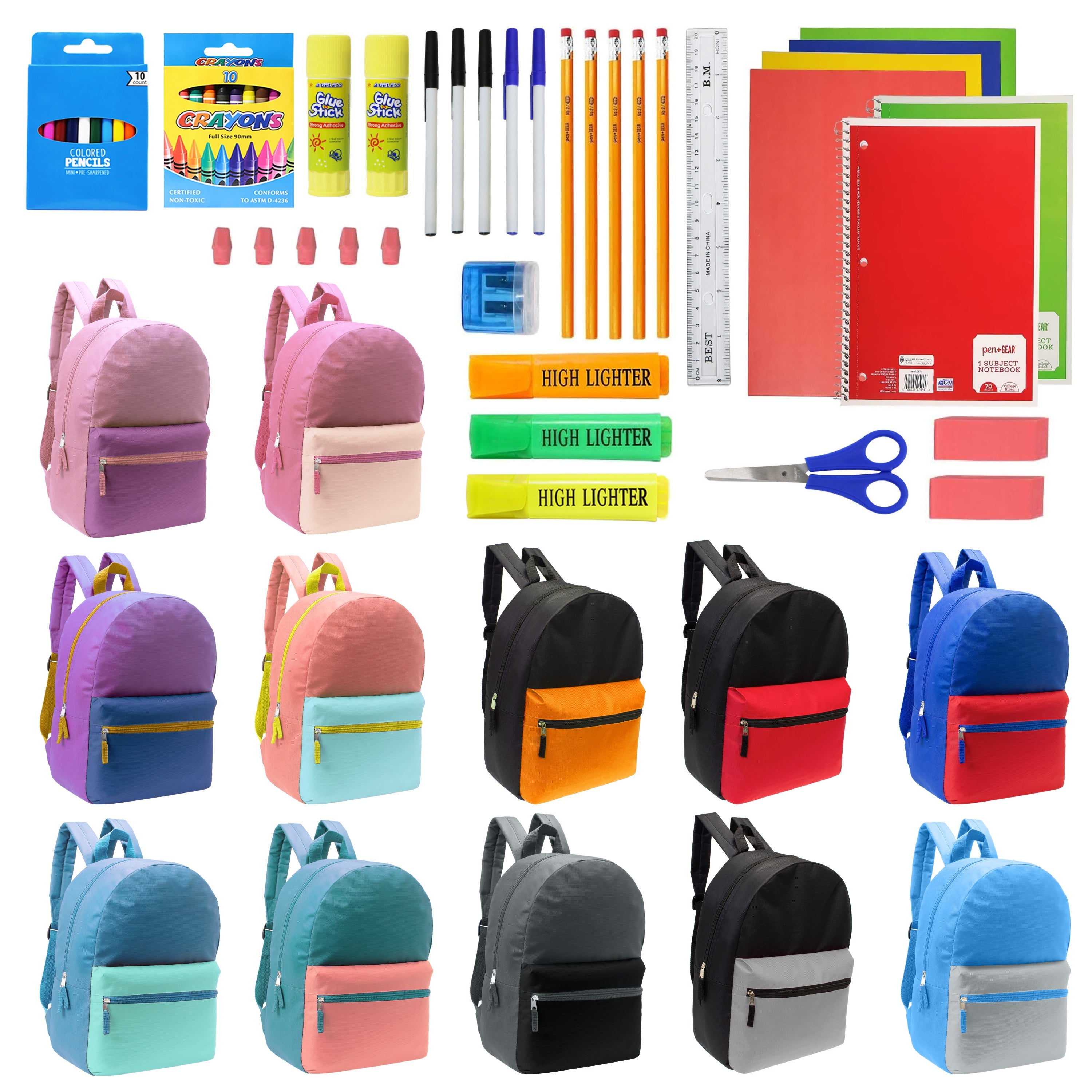 12 Wholesale Multi Color Student Backpacks in Assorted Colors and 12 Bulk School Supply Kits of Your Choice