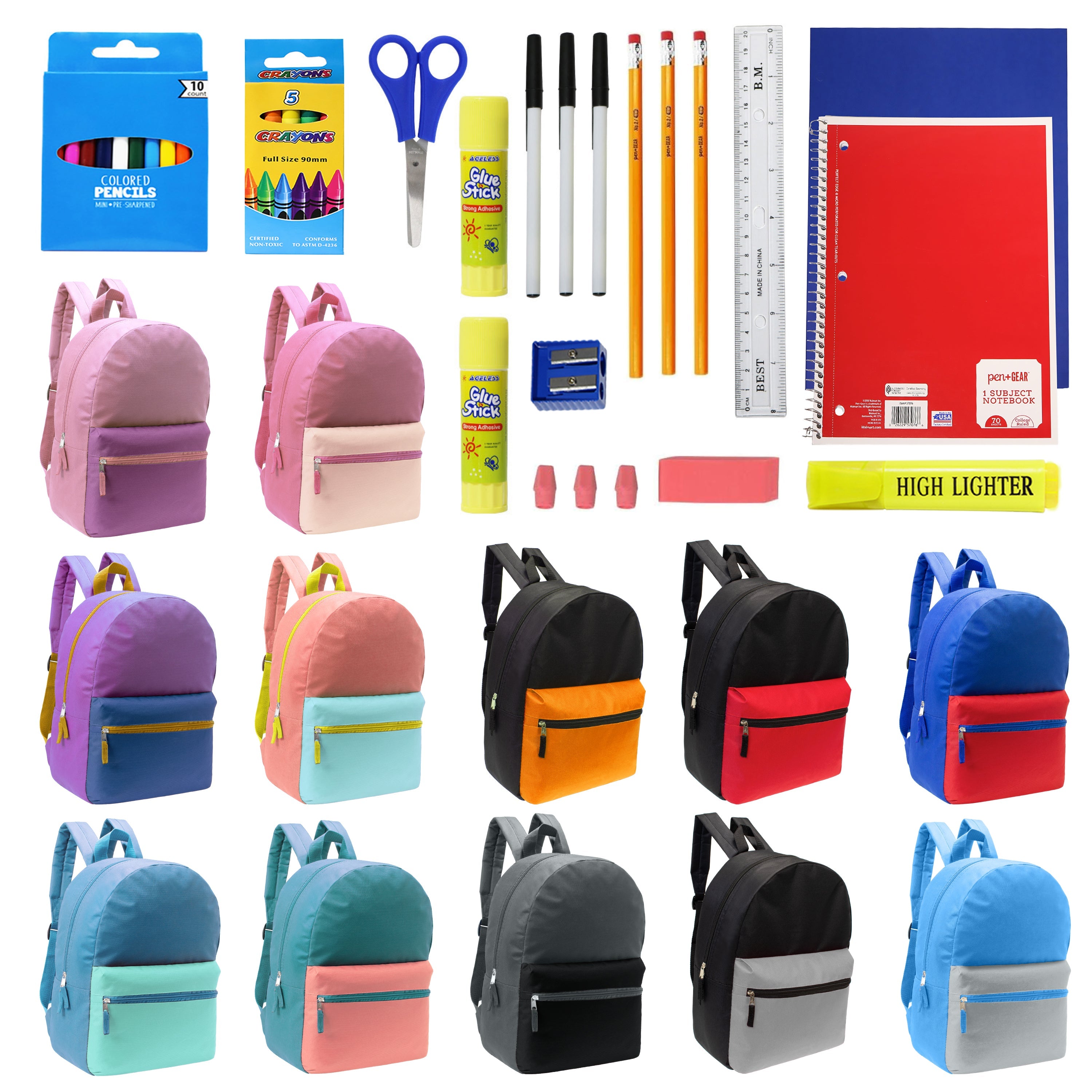 12 Wholesale Multi Color Student Backpacks in Assorted Colors and 12 Bulk School Supply Kits of Your Choice