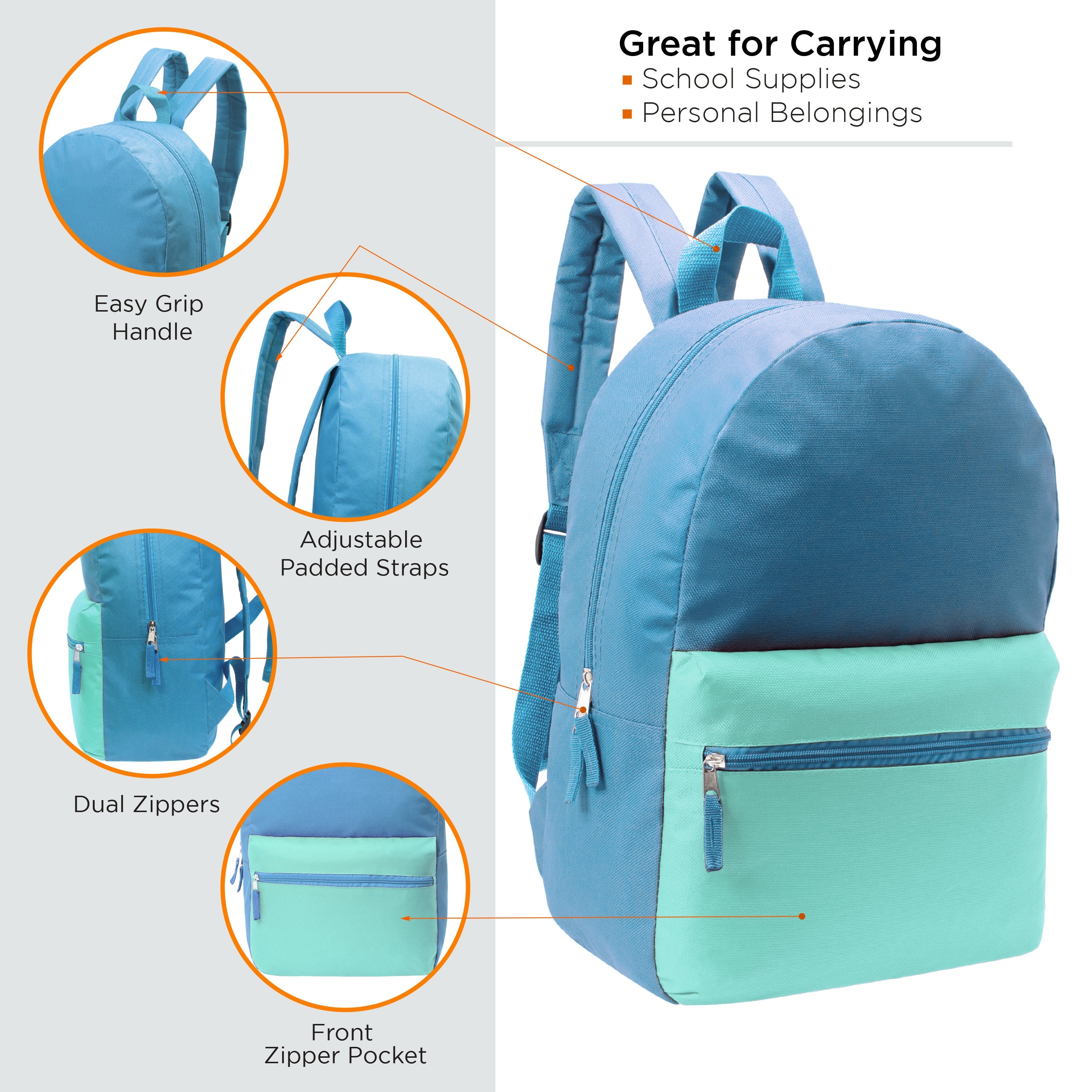 12 17" Two Tone Backpacks in 6 Color Combinations & Your Choice of 12 Bulk Hygiene Kits - Wholesale Care Package: Homeless, Emergency, Charity