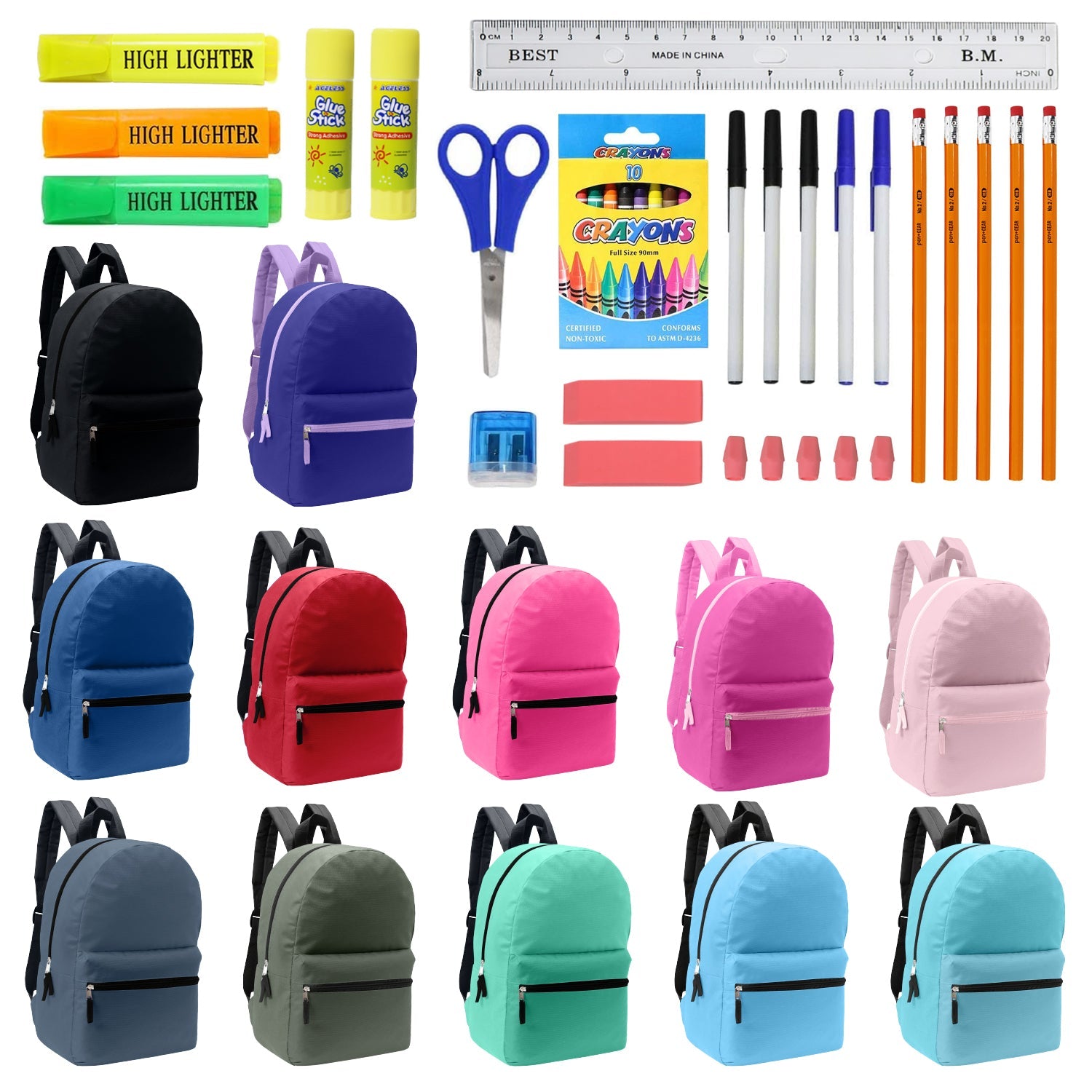 12 Wholesale Blank Student 17" Backpacks in Assorted Colors and 12 Bulk School Supply Kits of Your Choice