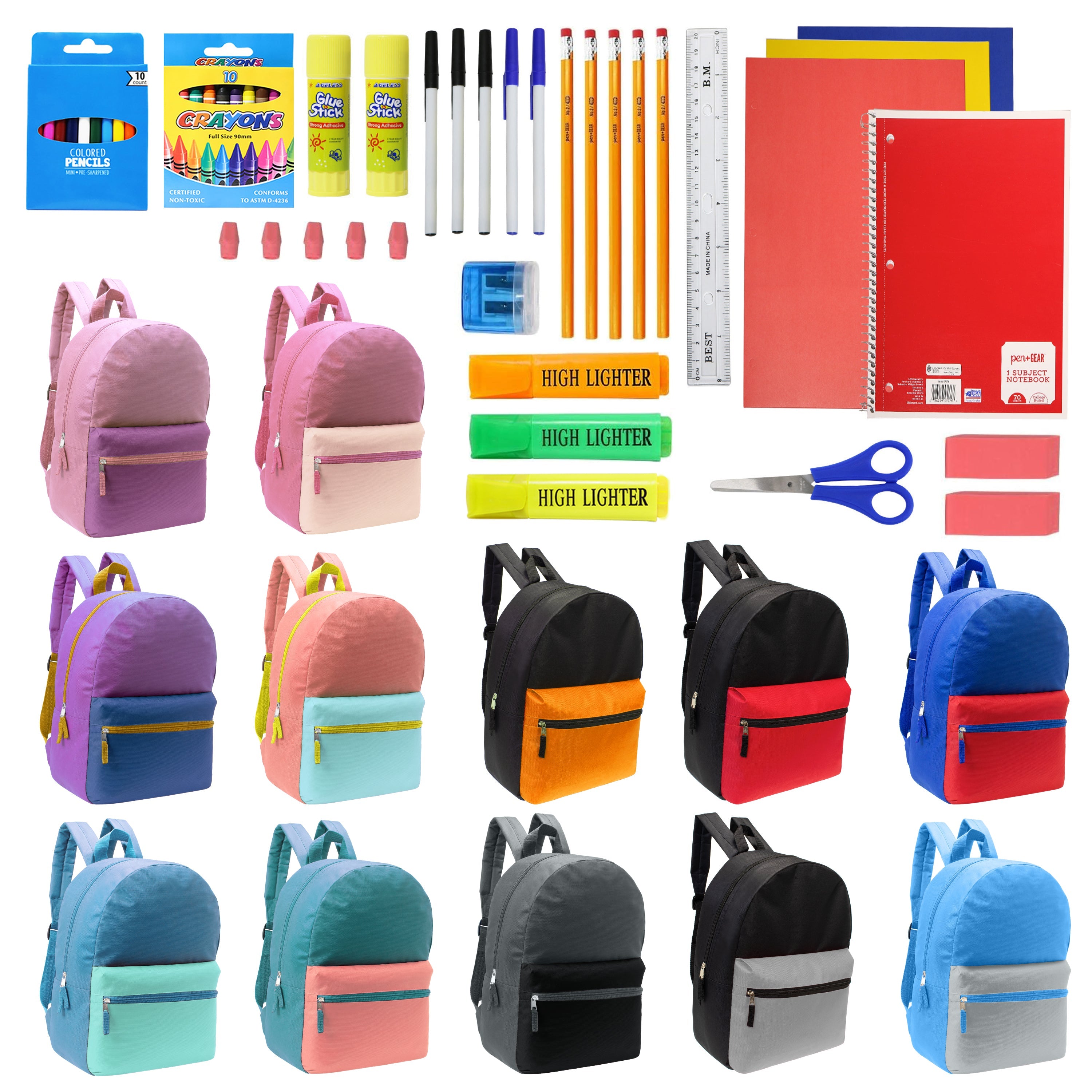 12 Wholesale 17" Two Tone Backpacks in 12 Assorted Colors & 12 Bulk School Supply Kits of Your Choice