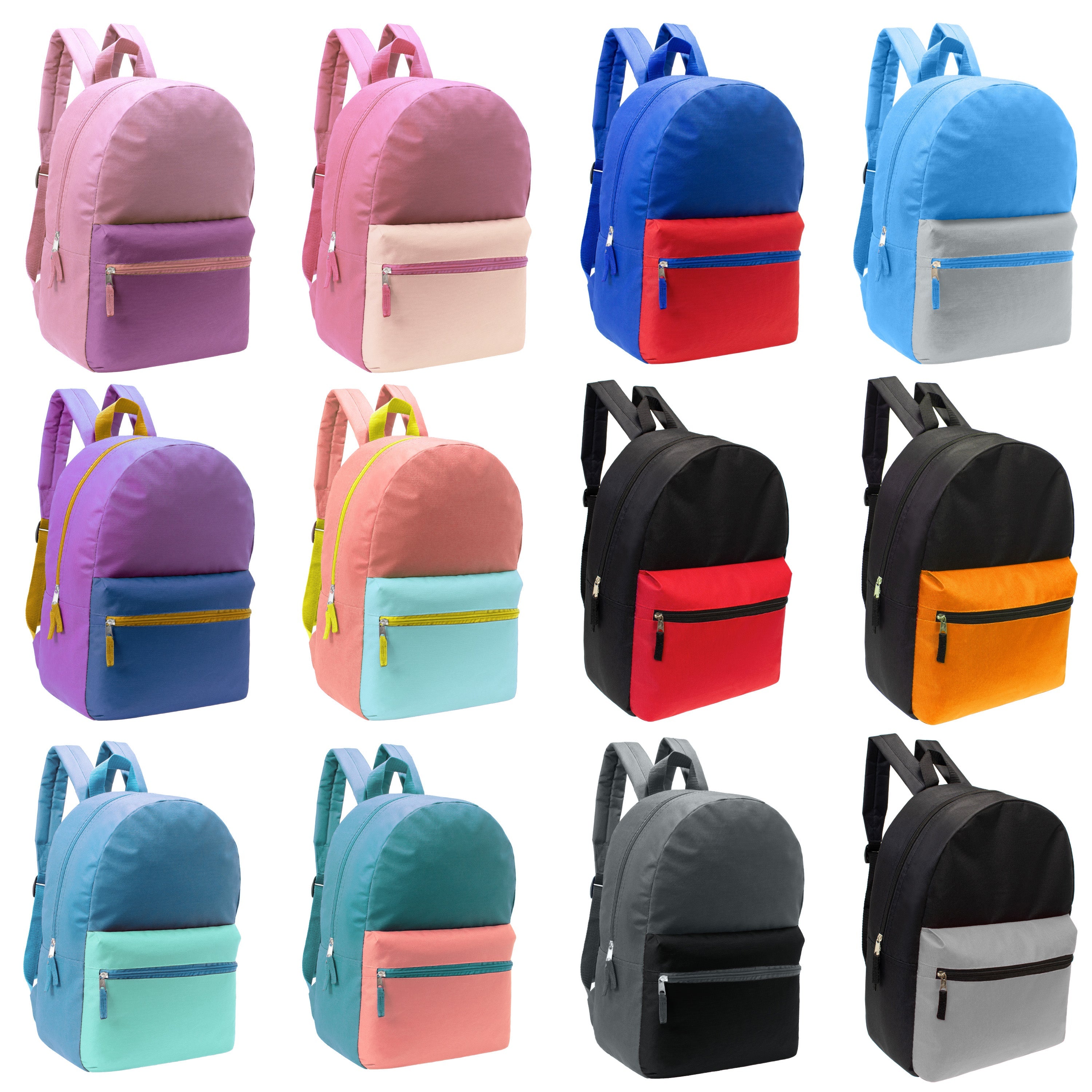 12 Wholesale Multi Color Student Backpacks in Assorted Colors and 12 Bulk School Supply Kits of Your Choice