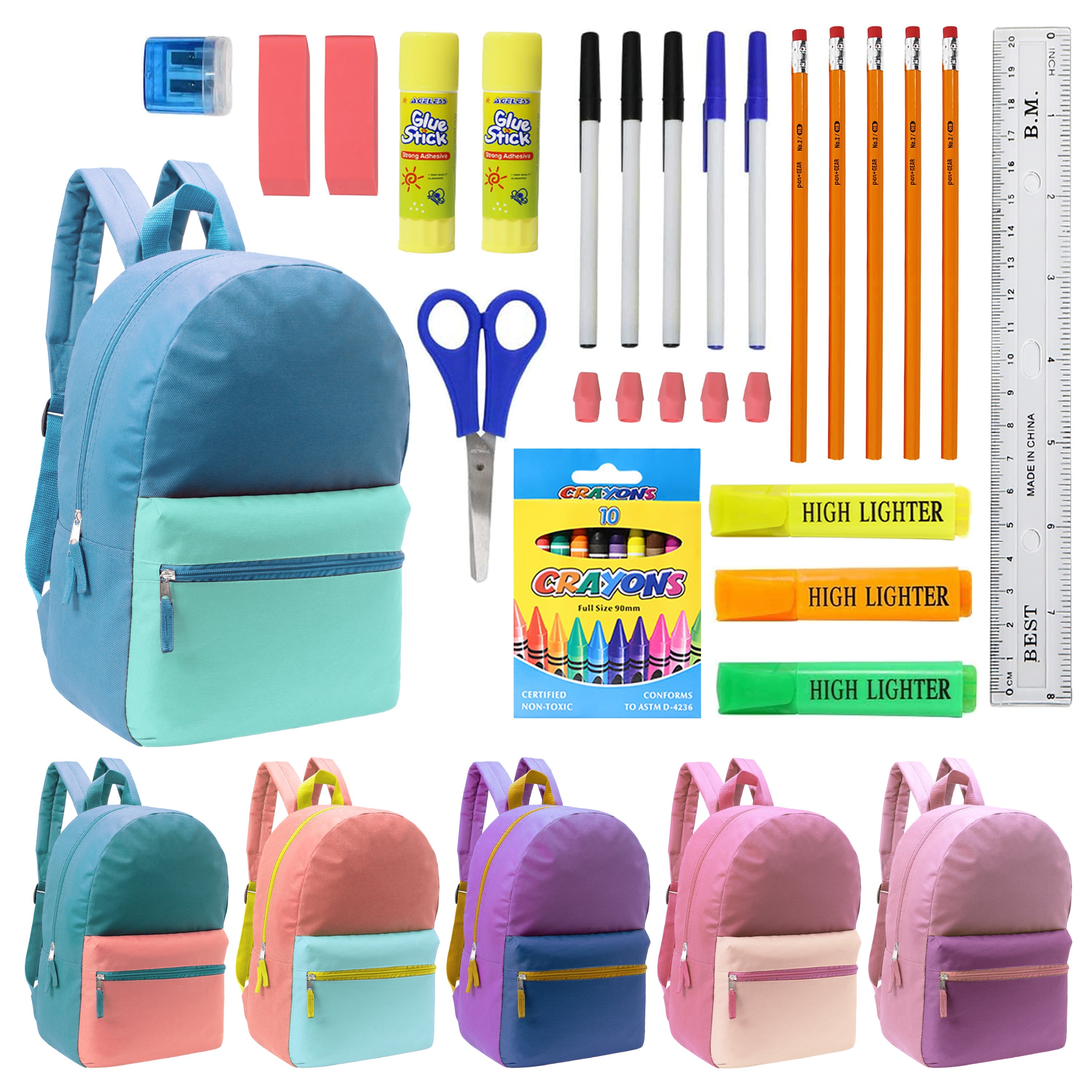 12 Wholesale Multi Color Student Backpacks in Assorted Colors and 12 Bulk School Supply Kits of Your Choice