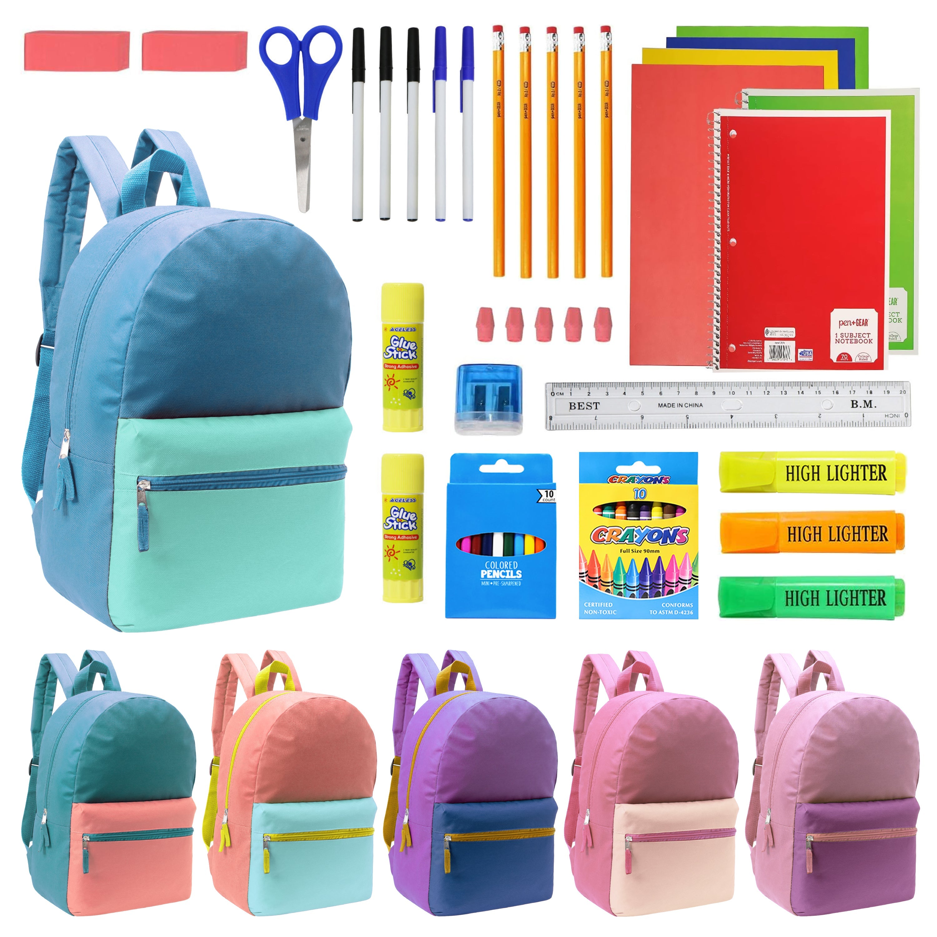 12 Wholesale Multi Color Student Backpacks in Assorted Colors and 12 Bulk School Supply Kits of Your Choice