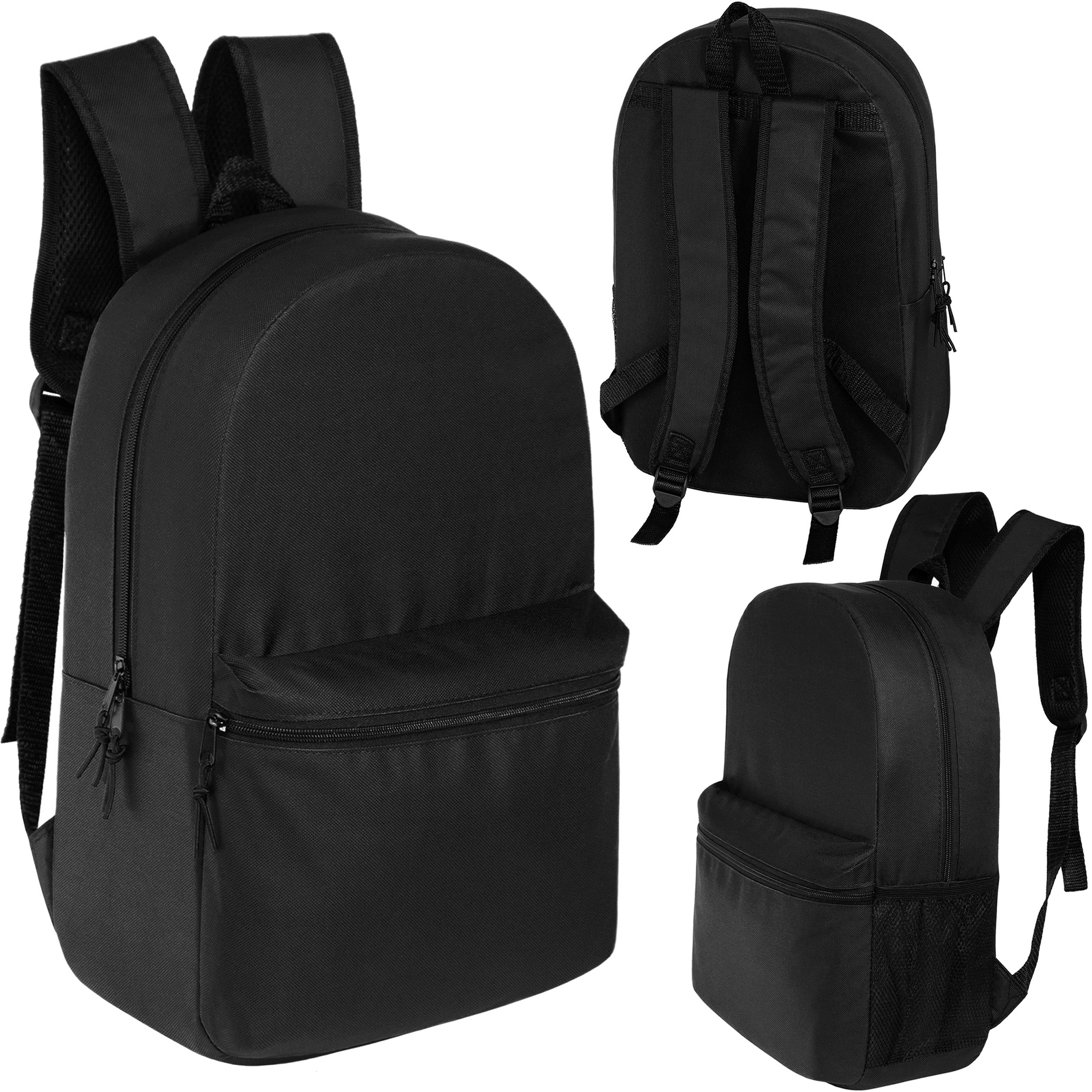 12 Basic 18.5" Backpacks in Black & Your Choice of 12 Bulk Hygiene Kits - Wholesale Care Package: Homeless, Emergency, Charity