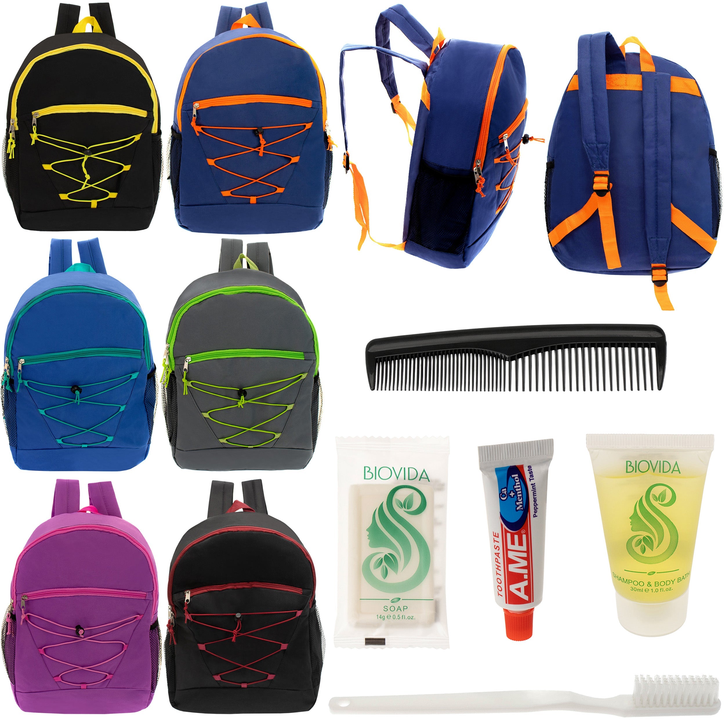 12 Bungee 17" Backpacks in 6 Colors & Your Choice of 12 Bulk Hygiene Kits - Wholesale Care Package: Homeless, Emergency, Charity