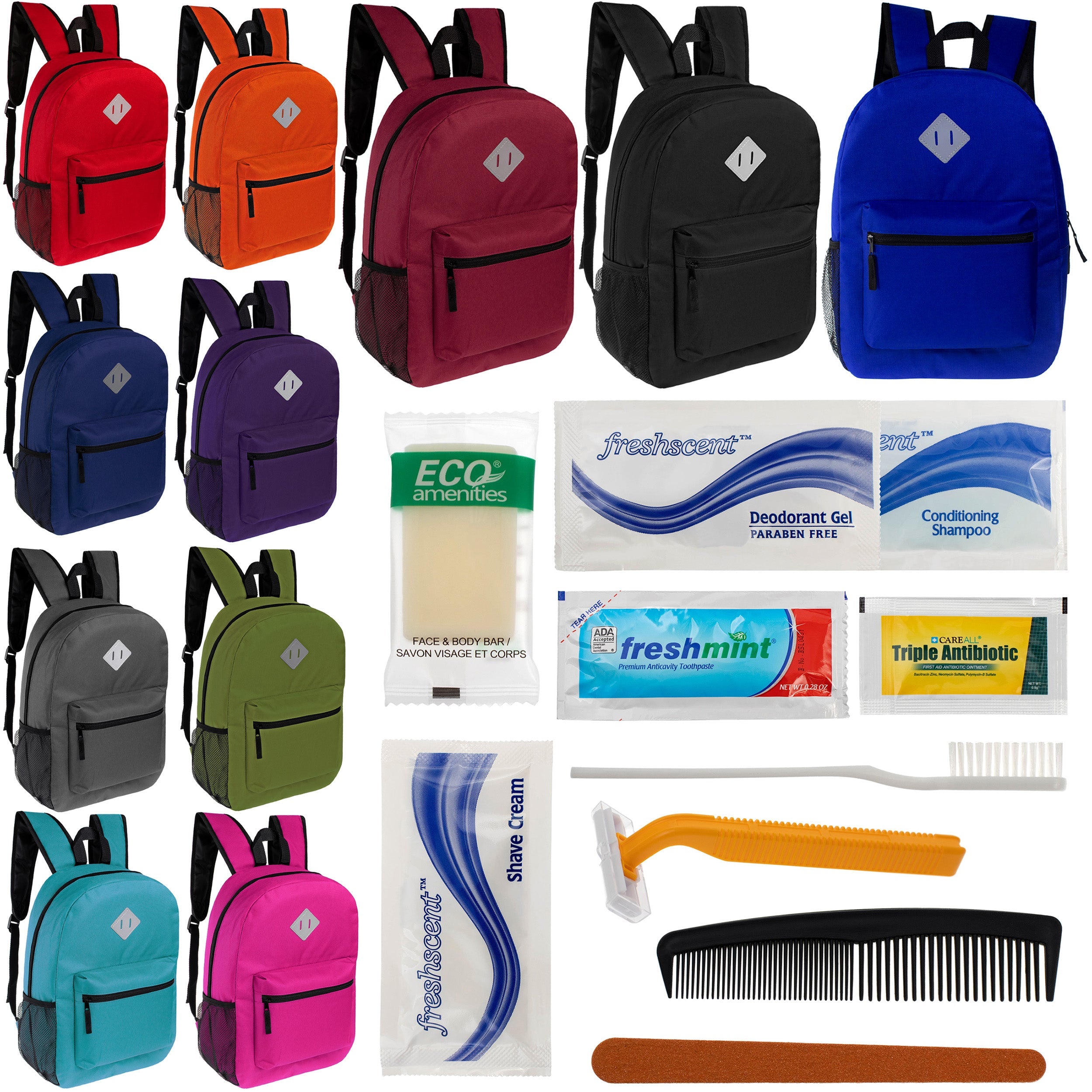 12 Diamond Patch 17" Backpacks in 11 Colors & Your Choice of 12 Bulk Hygiene Kits - Wholesale Care Package: Homeless, Emergency, Charity