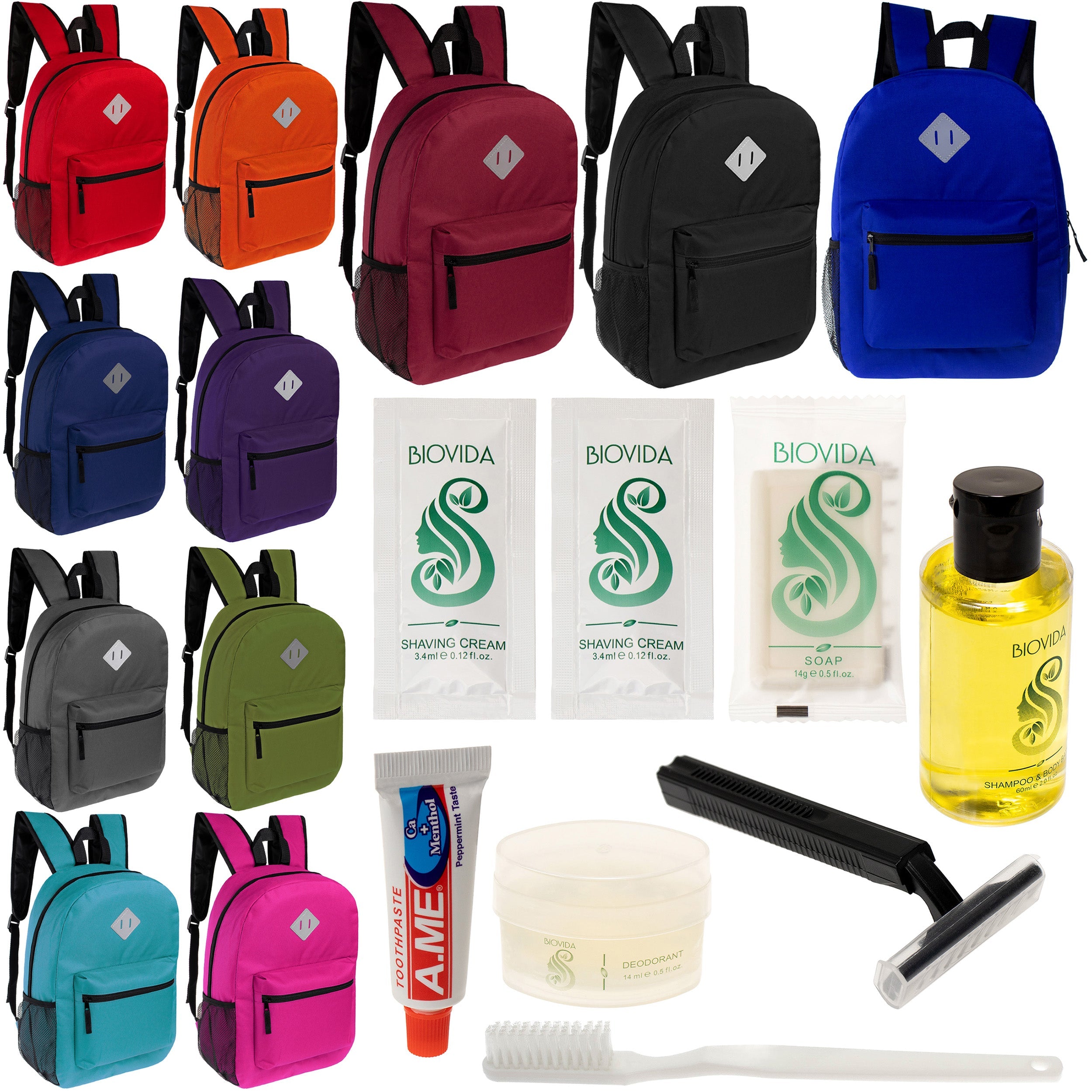 12 Diamond Patch 17" Backpacks in 11 Colors & Your Choice of 12 Bulk Hygiene Kits - Wholesale Care Package: Homeless, Emergency, Charity