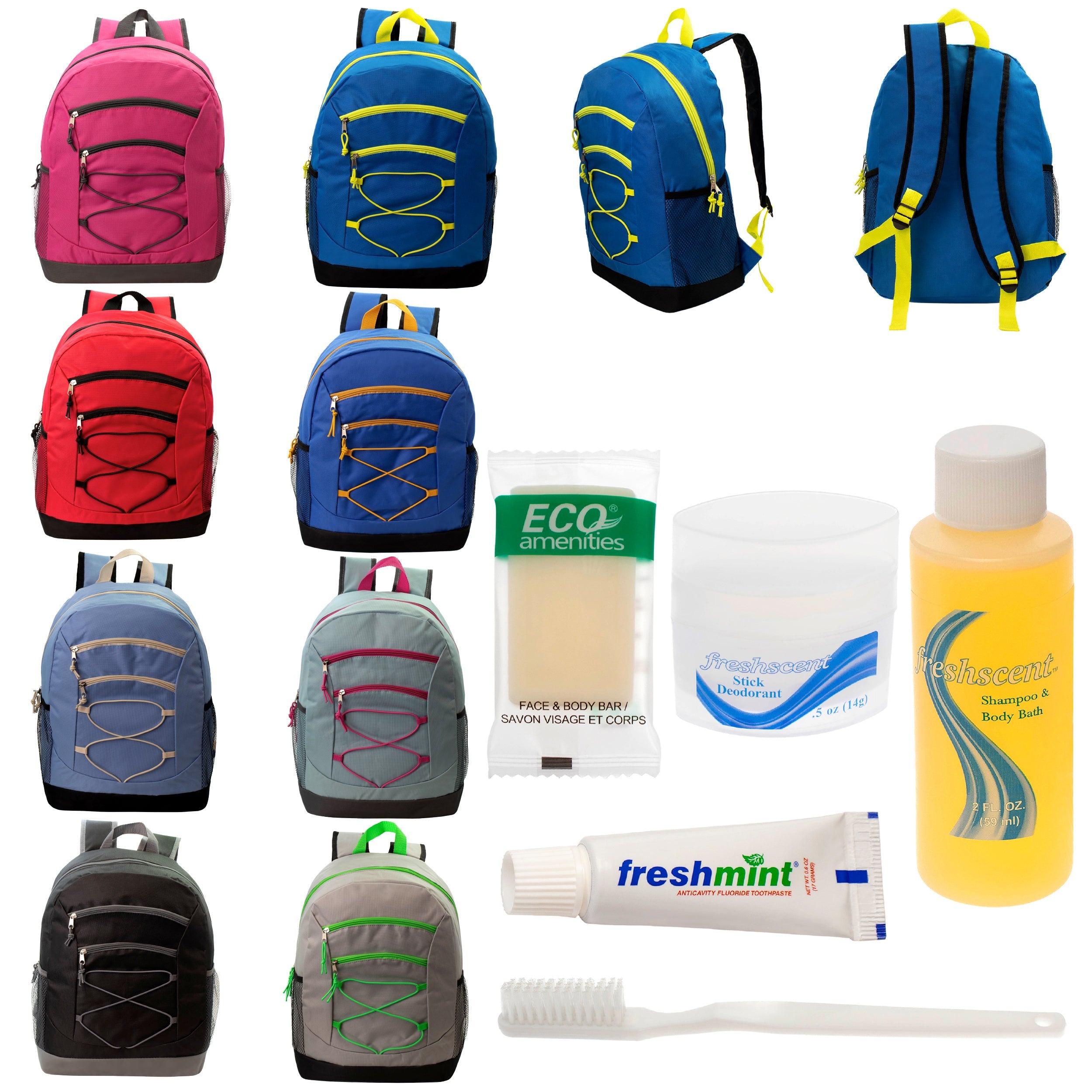 12 Bungee 17" Backpacks in 8 Colors & Your Choice of 12 Bulk Hygiene Kits - Wholesale Care Package: Homeless, Emergency, Charity