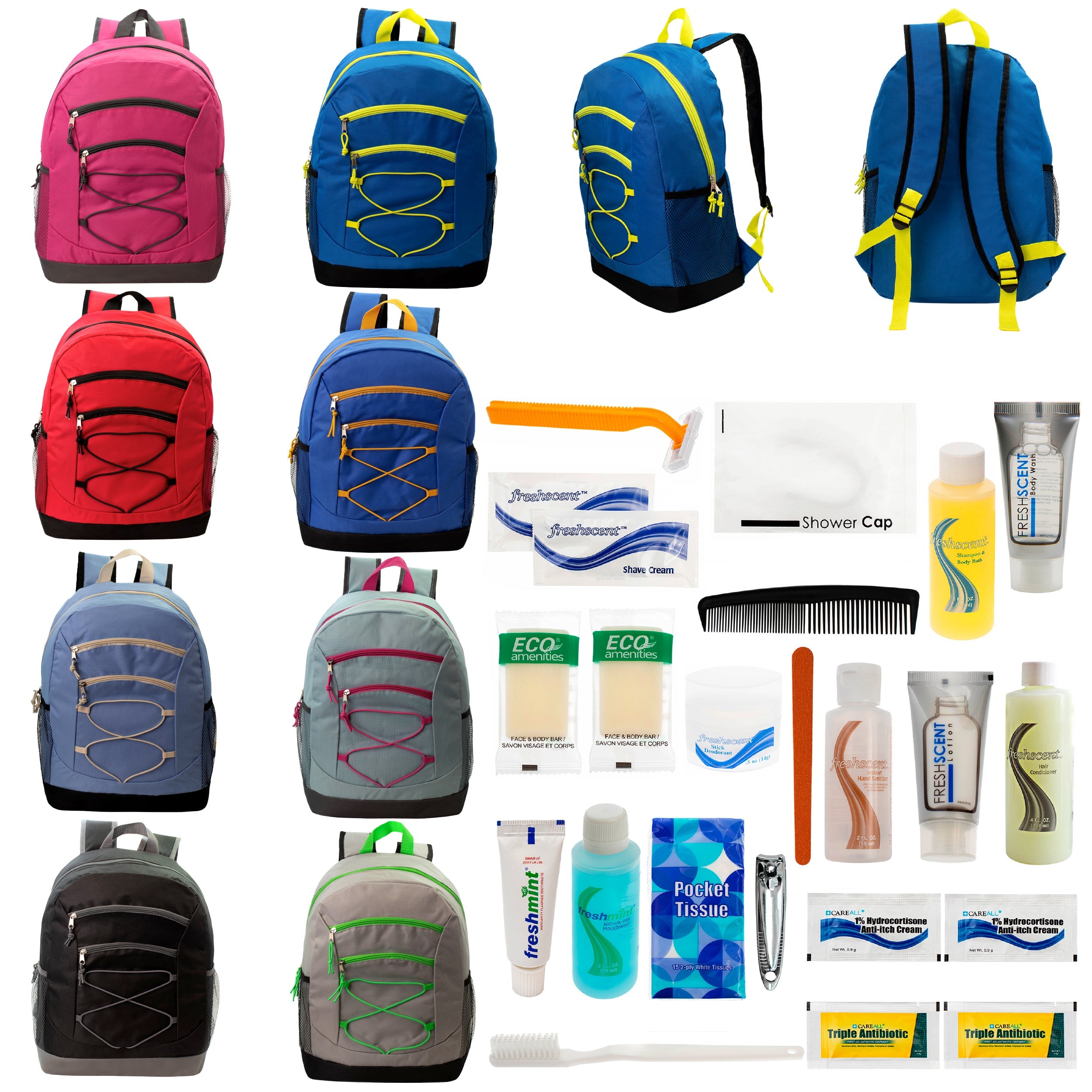 12 Bungee 17" Backpacks in 8 Colors & Your Choice of 12 Bulk Hygiene Kits - Wholesale Care Package: Homeless, Emergency, Charity