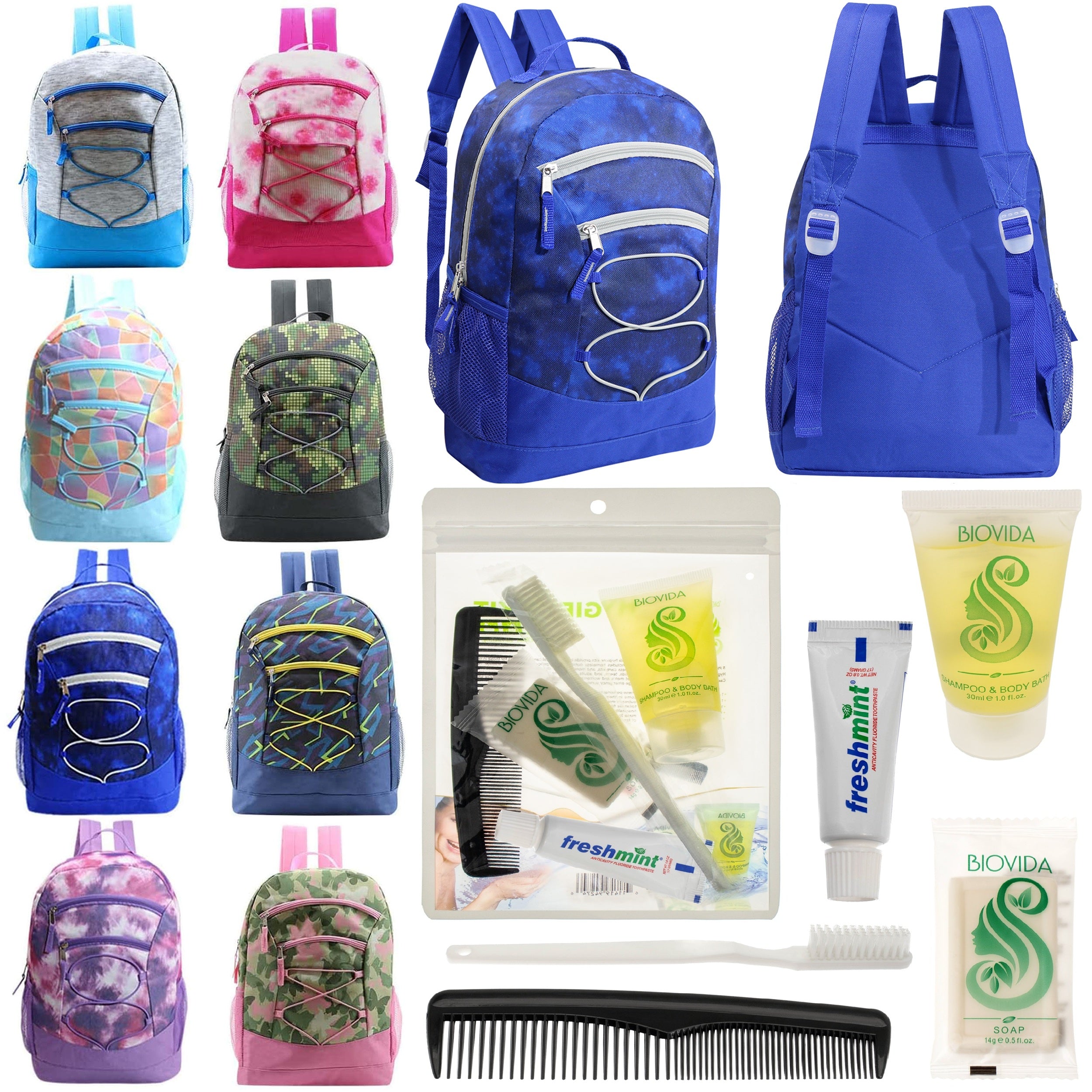 12 Bungee 17" Backpacks in 8 Colors & Your Choice of 12 Bulk Hygiene Kits - Wholesale Care Package: Homeless, Emergency, Charity