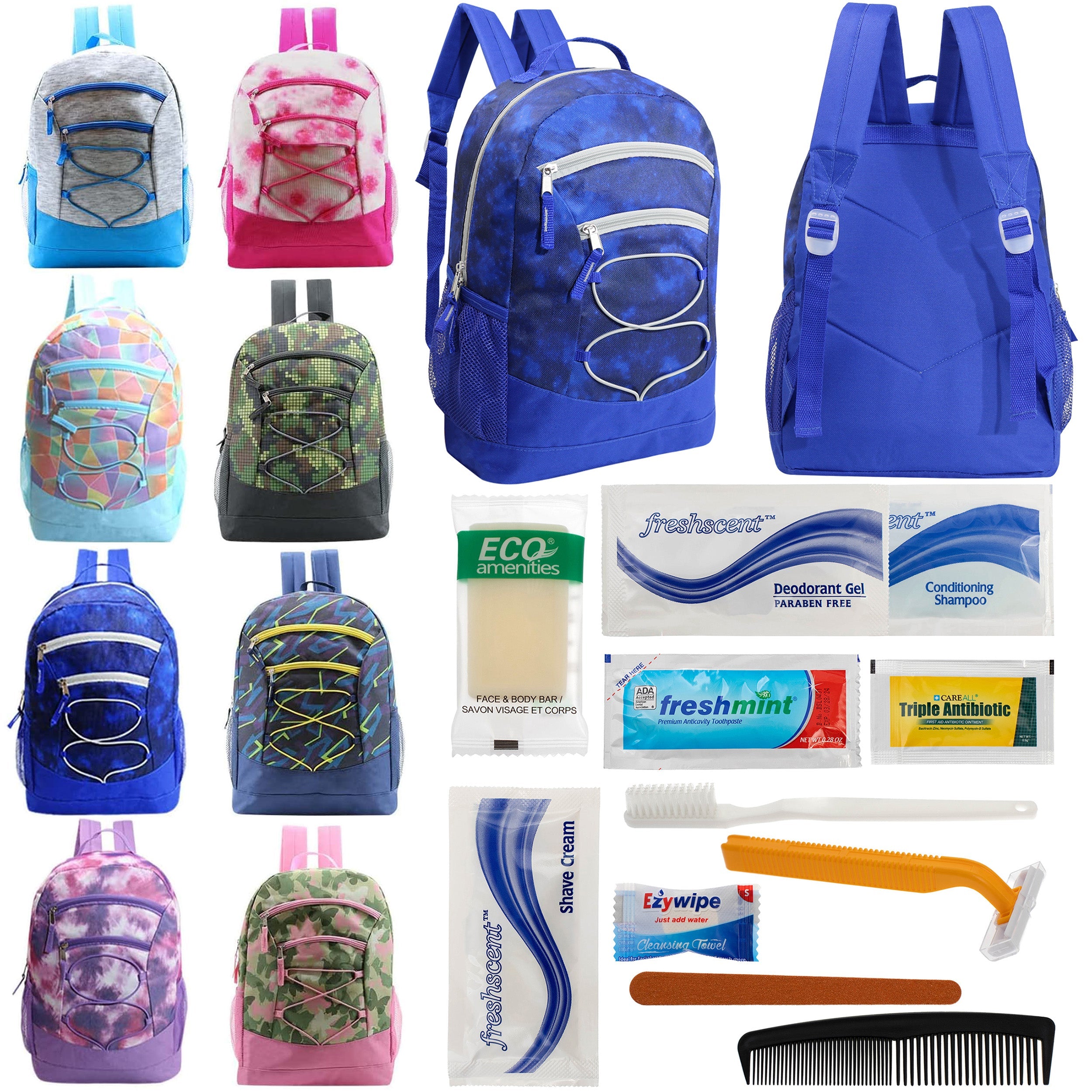 12 Bungee 17" Backpacks in 8 Colors & Your Choice of 12 Bulk Hygiene Kits - Wholesale Care Package: Homeless, Emergency, Charity