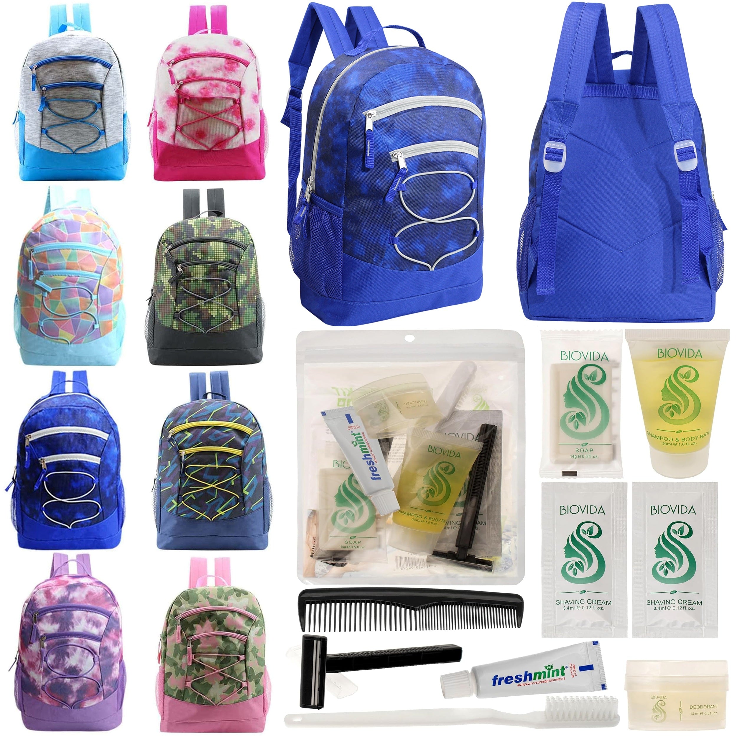 12 Bungee 17" Backpacks in 8 Colors & Your Choice of 12 Bulk Hygiene Kits - Wholesale Care Package: Homeless, Emergency, Charity