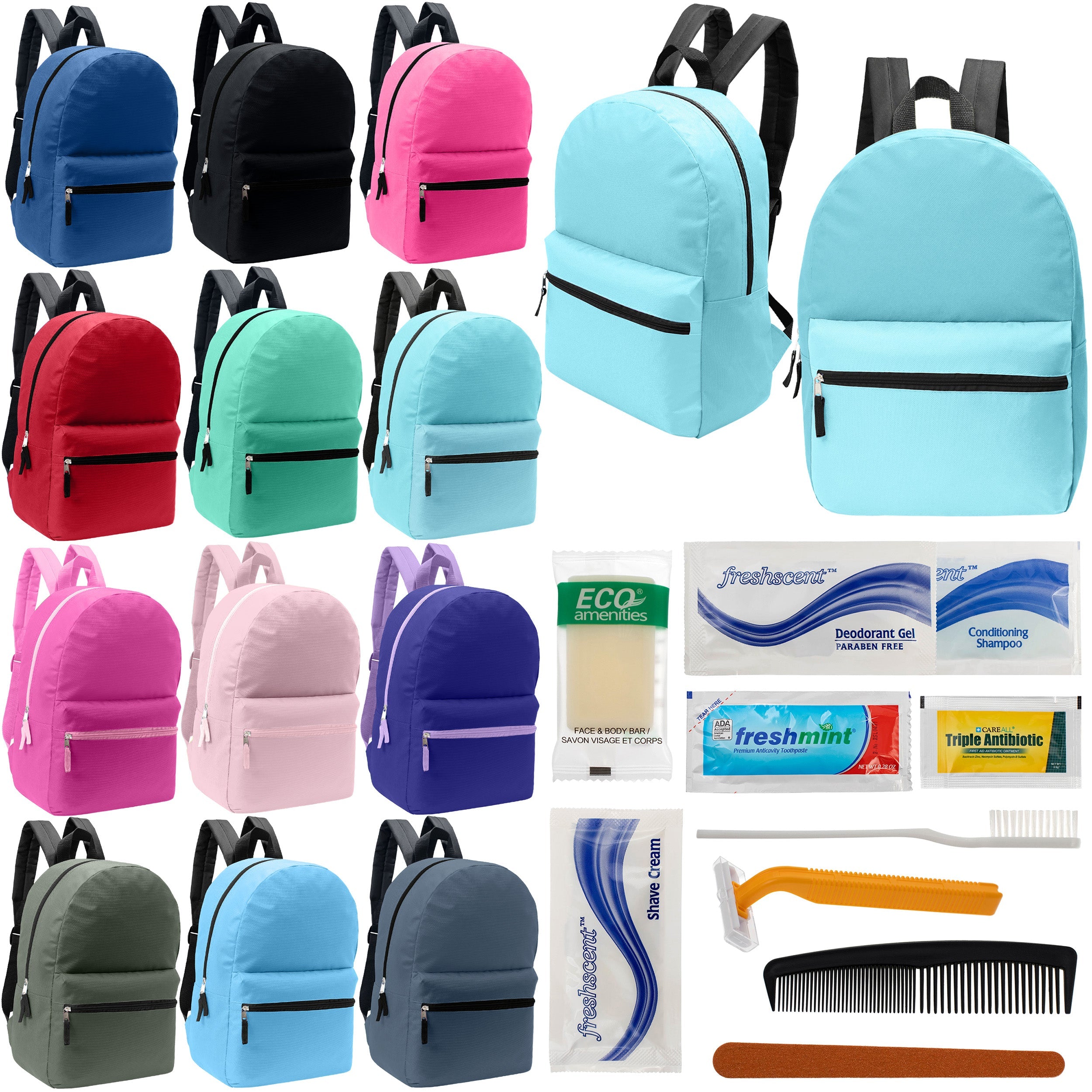 12 Basic 17" Backpacks in 12 Assorted Colors & Your Choice of 12 Bulk Hygiene Kits - Wholesale Care Package: Homeless, Emergency, Charity