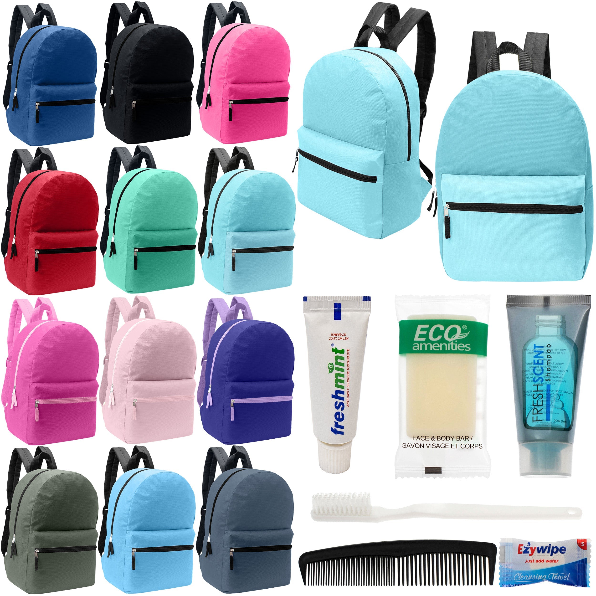 12 Basic 17" Backpacks in 12 Assorted Colors & Your Choice of 12 Bulk Hygiene Kits - Wholesale Care Package: Homeless, Emergency, Charity