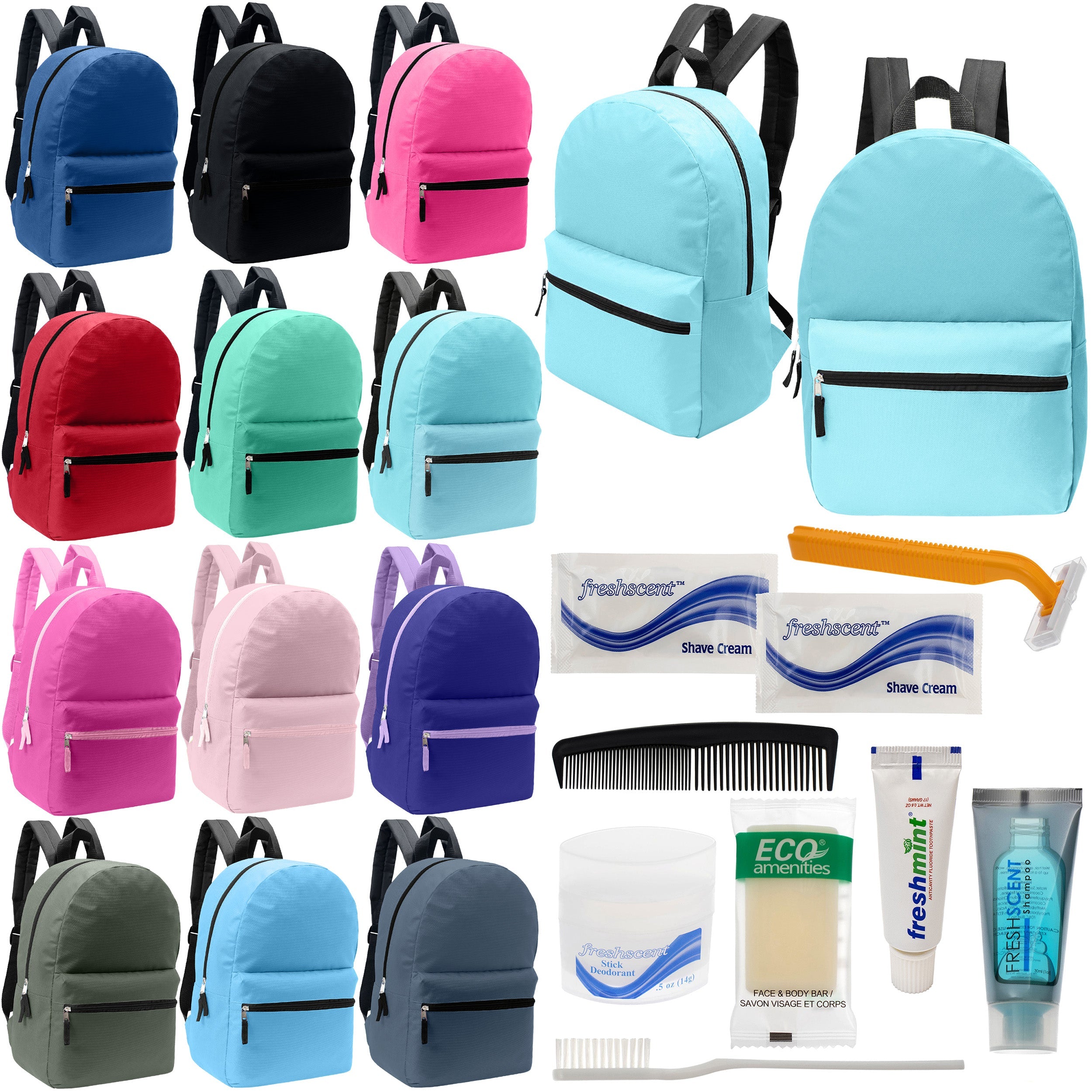 12 Basic 17" Backpacks in 12 Assorted Colors & Your Choice of 12 Bulk Hygiene Kits - Wholesale Care Package: Homeless, Emergency, Charity