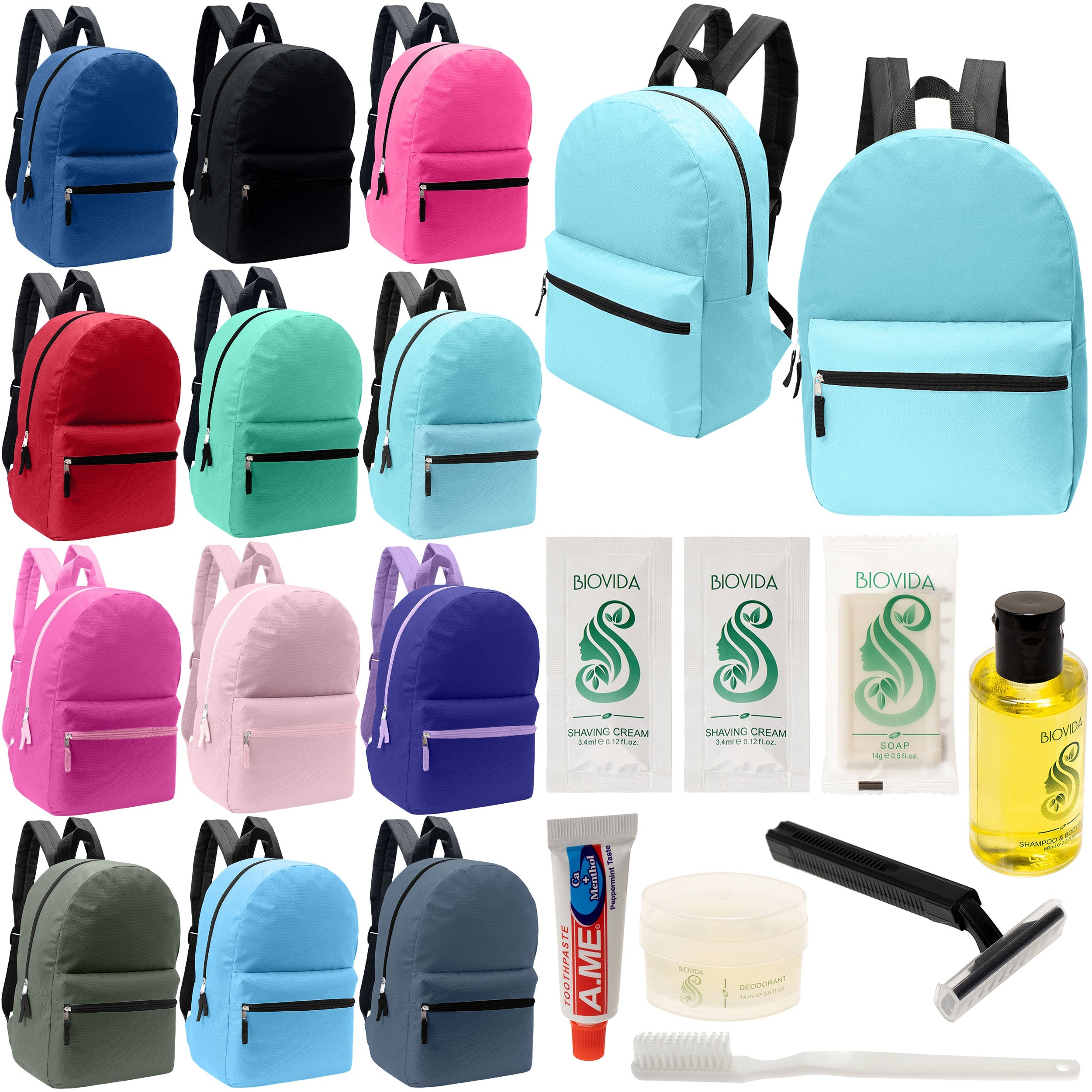 12 Basic 17" Backpacks in 12 Assorted Colors & Your Choice of 12 Bulk Hygiene Kits - Wholesale Care Package: Homeless, Emergency, Charity