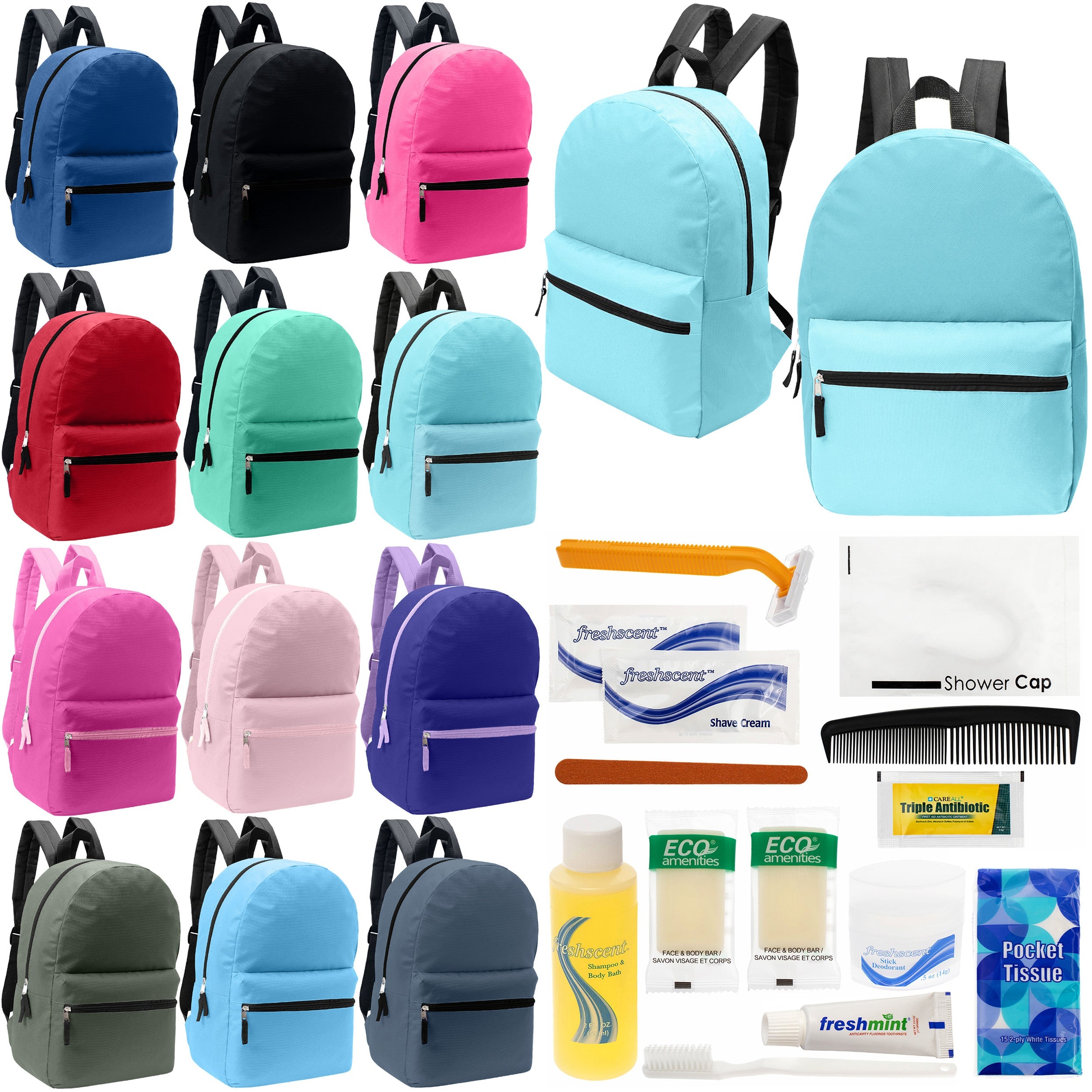 12 Basic 17" Backpacks in 12 Assorted Colors & Your Choice of 12 Bulk Hygiene Kits - Wholesale Care Package: Homeless, Emergency, Charity