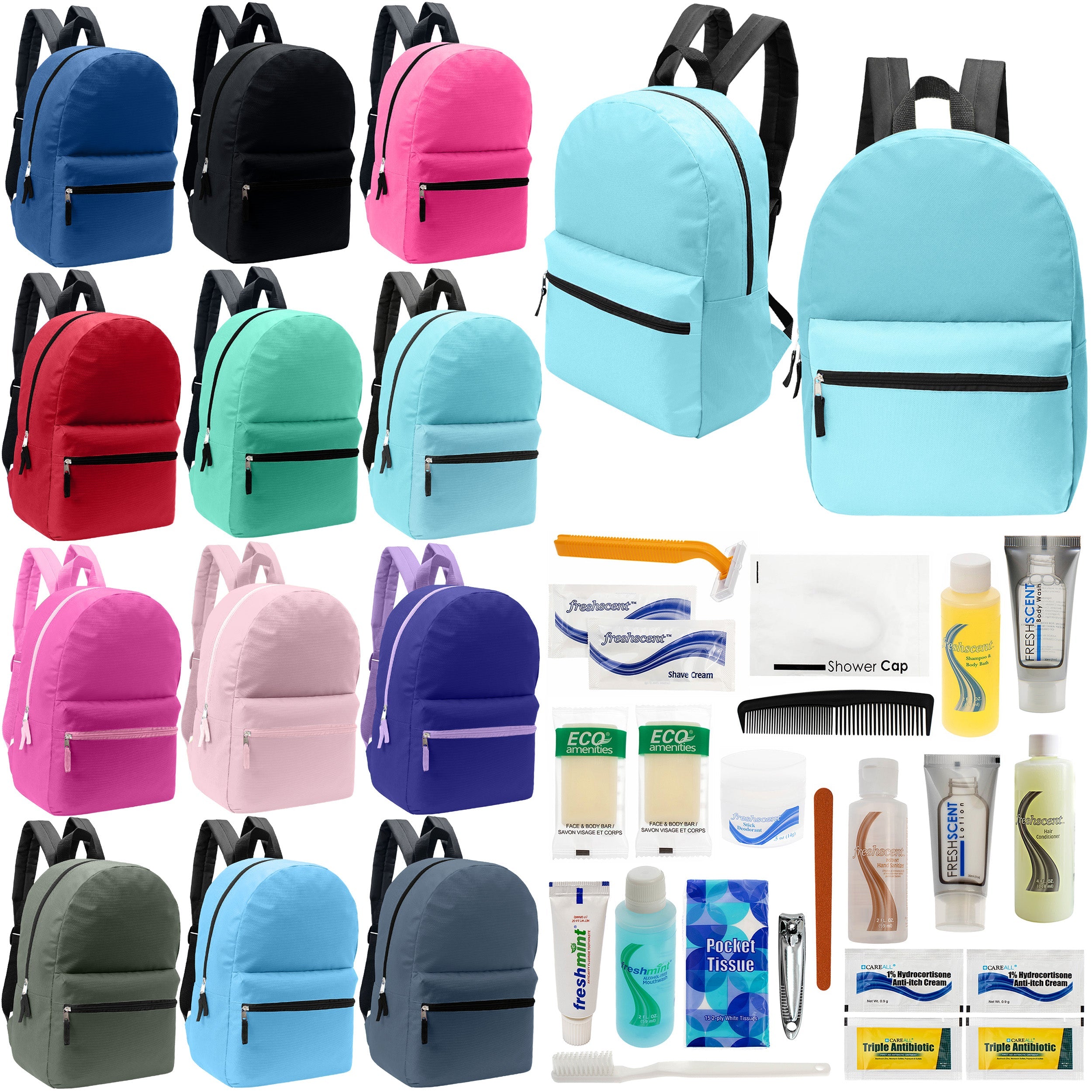 12 Basic 17" Backpacks in 12 Assorted Colors & Your Choice of 12 Bulk Hygiene Kits - Wholesale Care Package: Homeless, Emergency, Charity