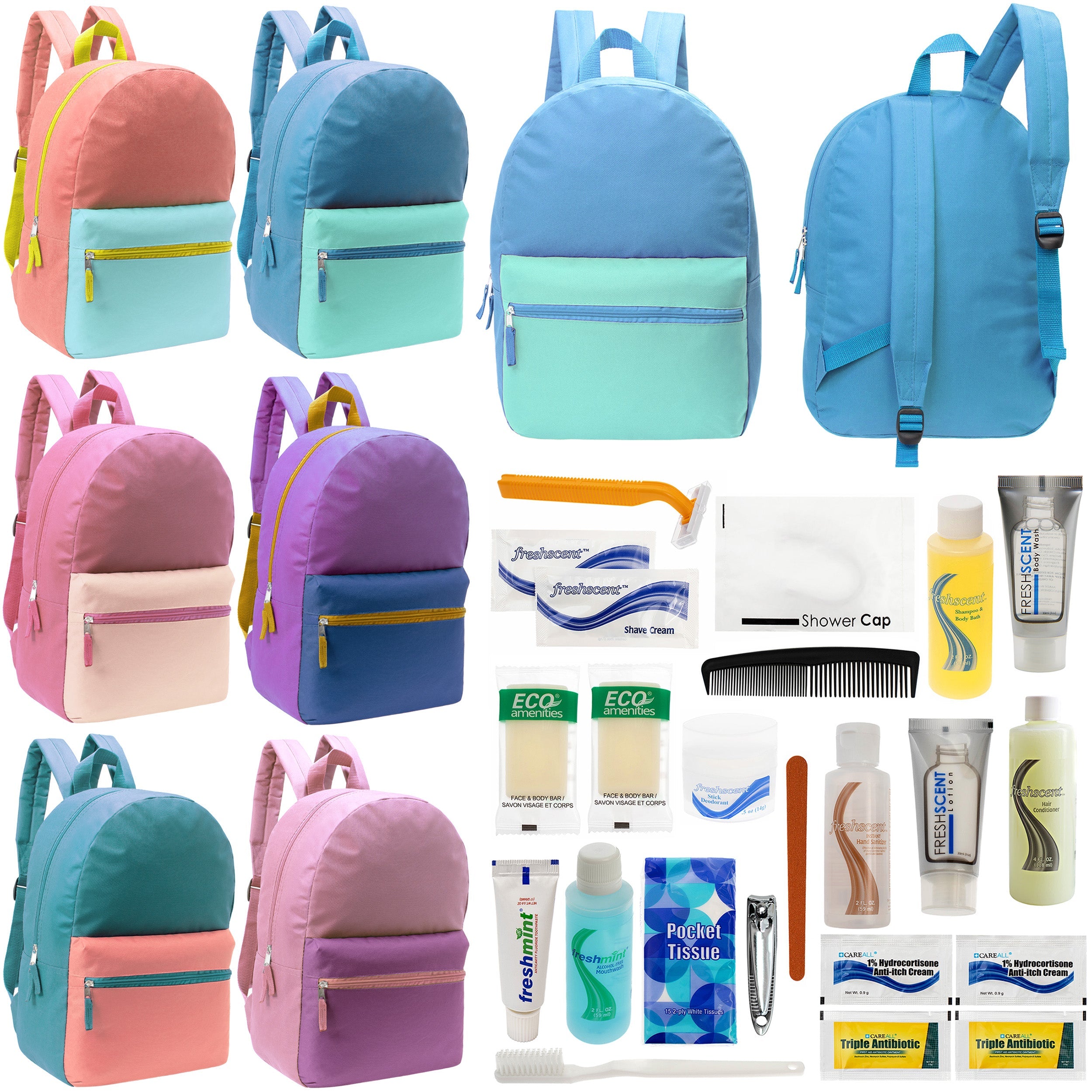 12 17" Two Tone Backpacks in 6 Color Combinations & Your Choice of 12 Bulk Hygiene Kits - Wholesale Care Package: Homeless, Emergency, Charity