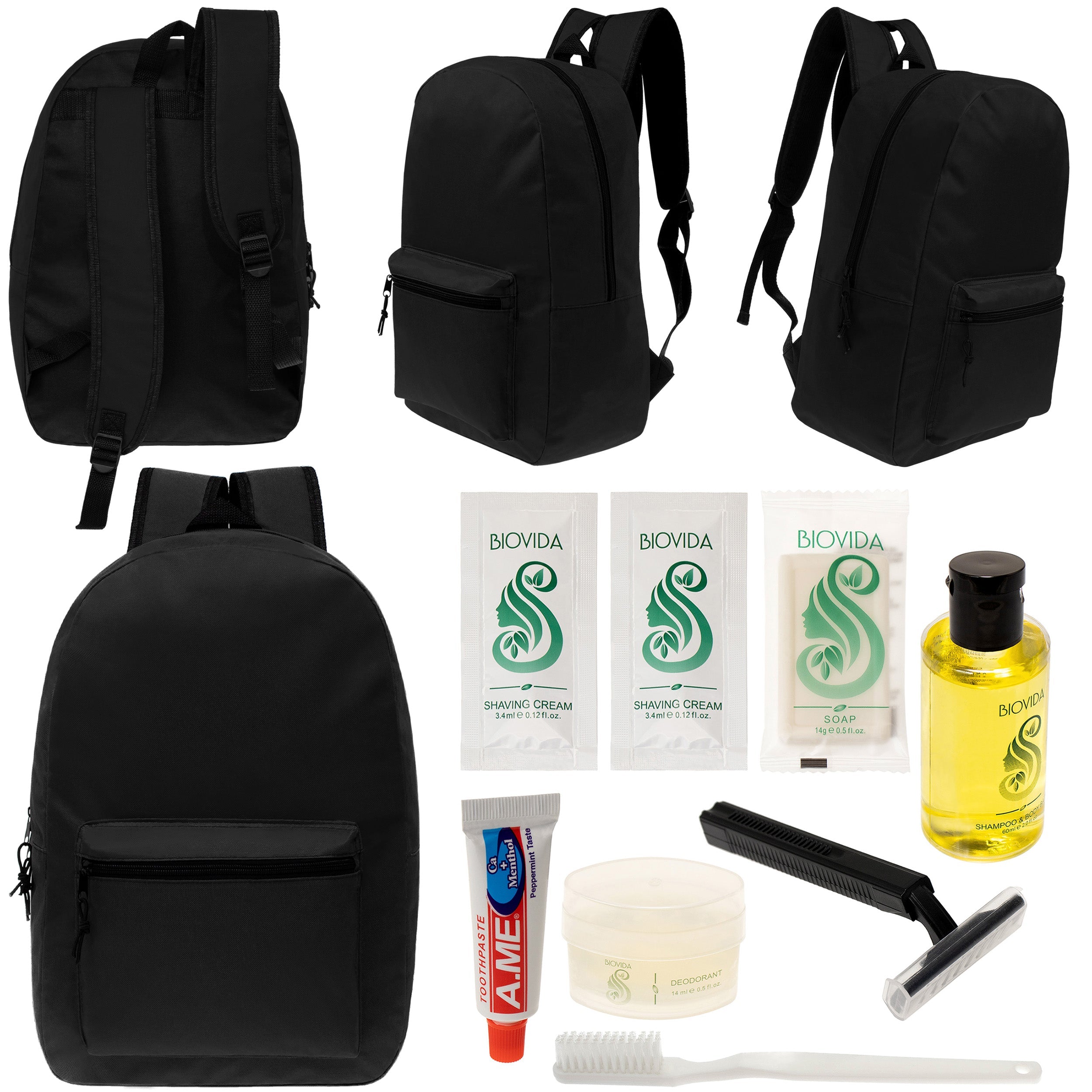 12 Black 17" Classic Backpacks & Your Choice of 12 Bulk Hygiene Kits - Wholesale Care Package: Homeless, Emergency, Charity