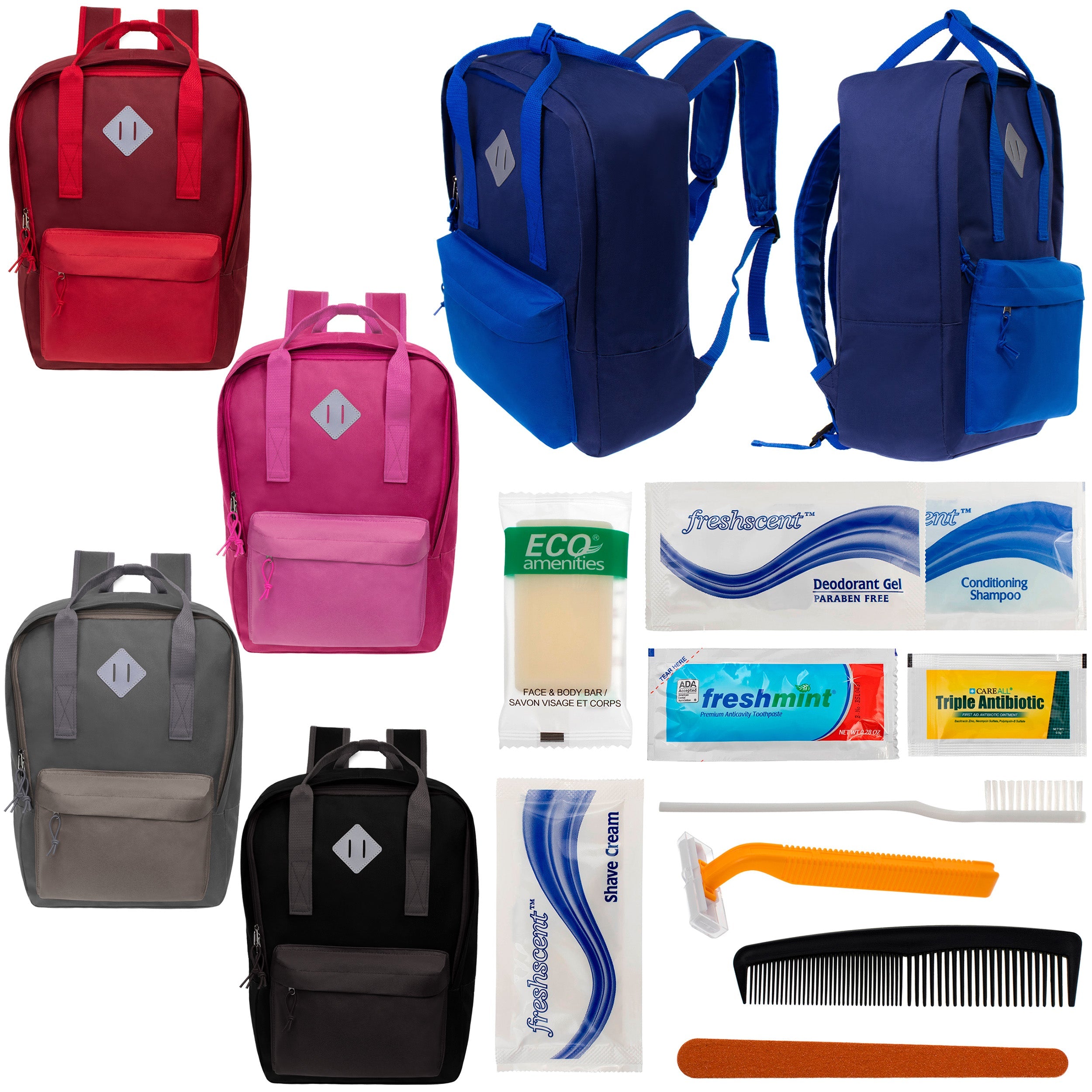 12 Multi Color Diamond Patch Backpacks & Your Choice of 12 Bulk Hygiene Kits - Wholesale Care Package: Homeless, Emergency, Charity