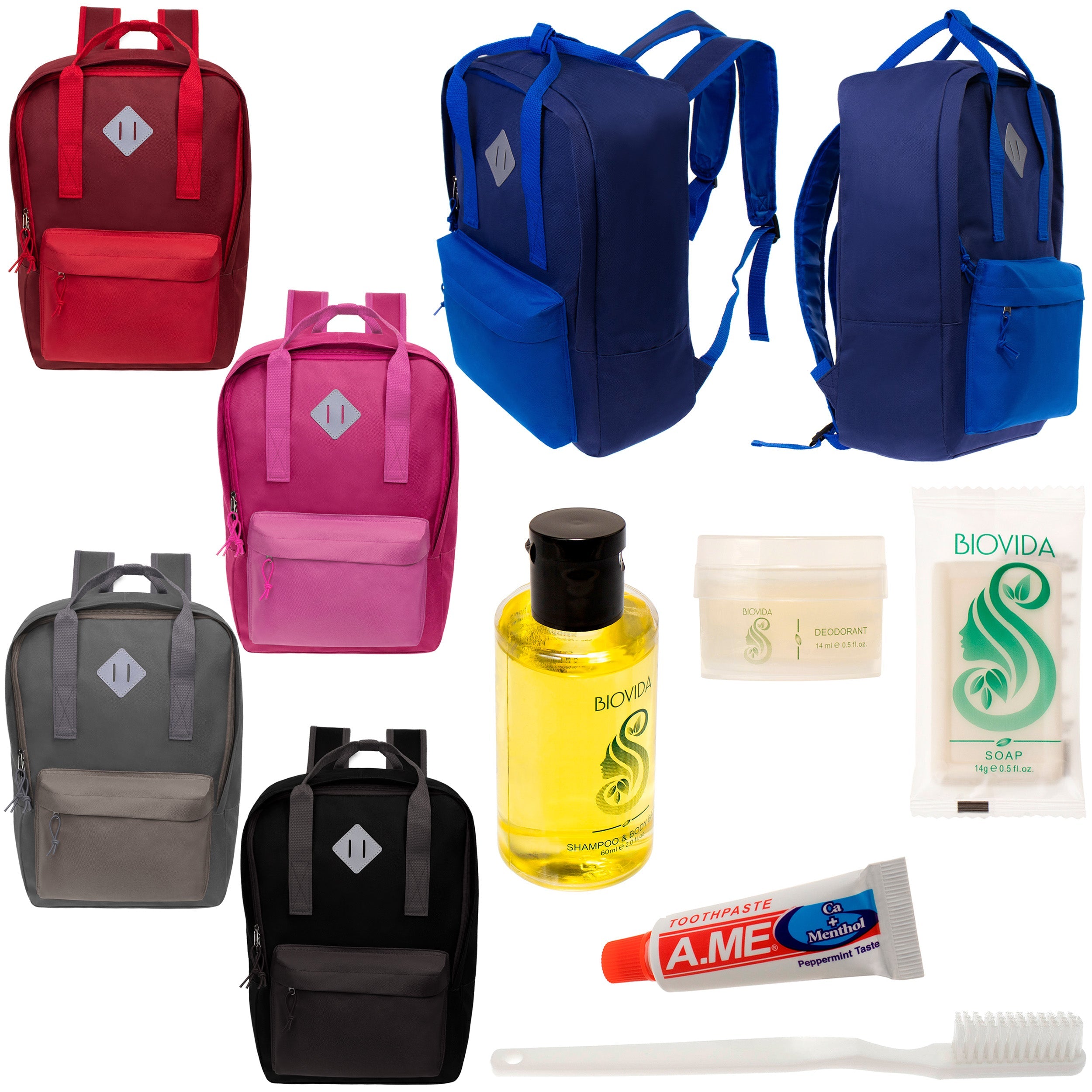 12 Multi Color Diamond Patch Backpacks & Your Choice of 12 Bulk Hygiene Kits - Wholesale Care Package: Homeless, Emergency, Charity