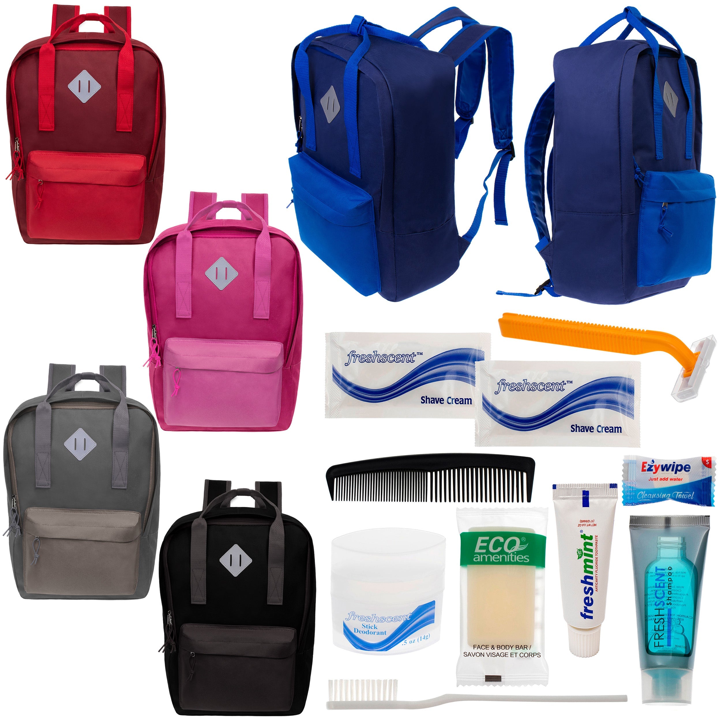 12 Multi Color Diamond Patch Backpacks & Your Choice of 12 Bulk Hygiene Kits - Wholesale Care Package: Homeless, Emergency, Charity