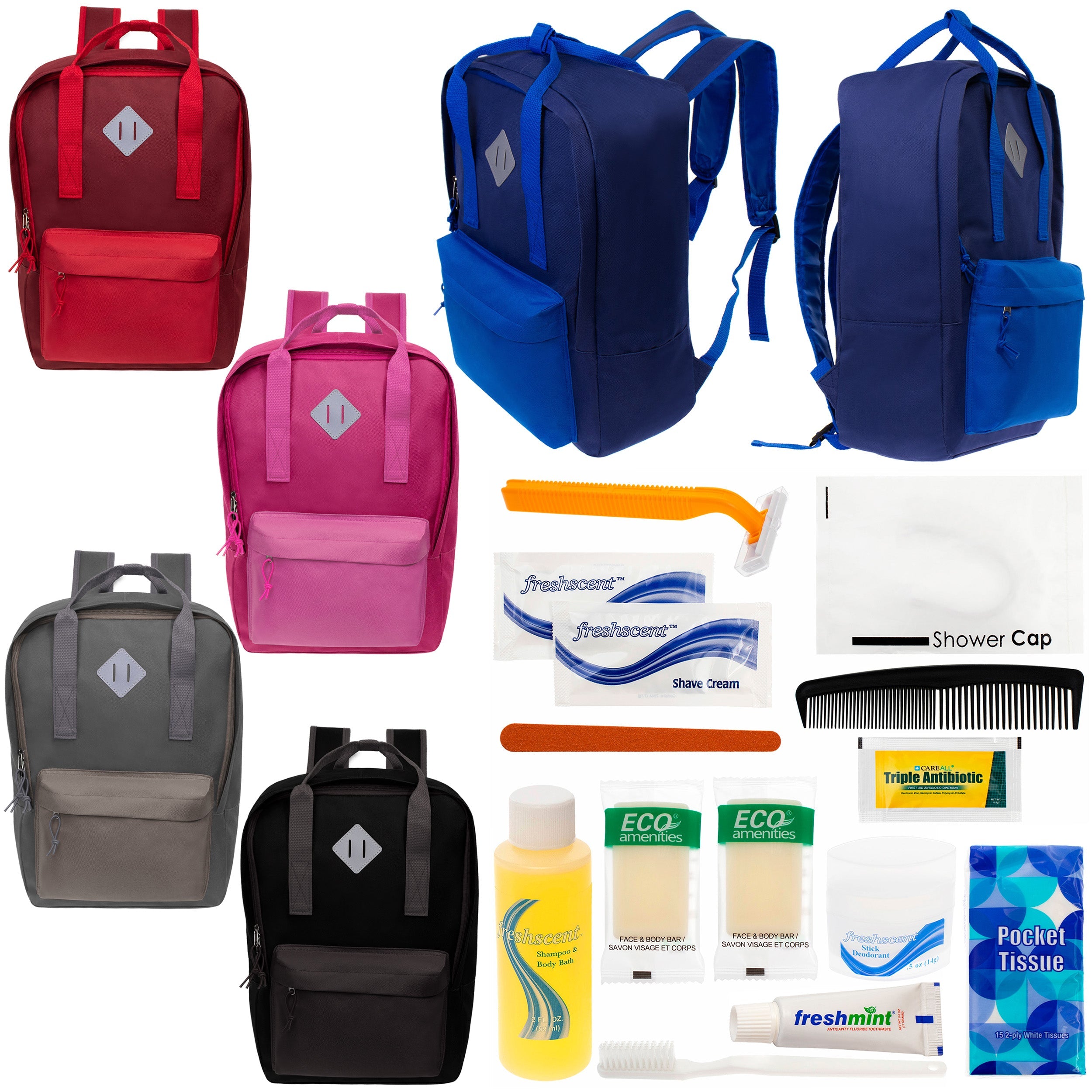 12 Multi Color Diamond Patch Backpacks & Your Choice of 12 Bulk Hygiene Kits - Wholesale Care Package: Homeless, Emergency, Charity