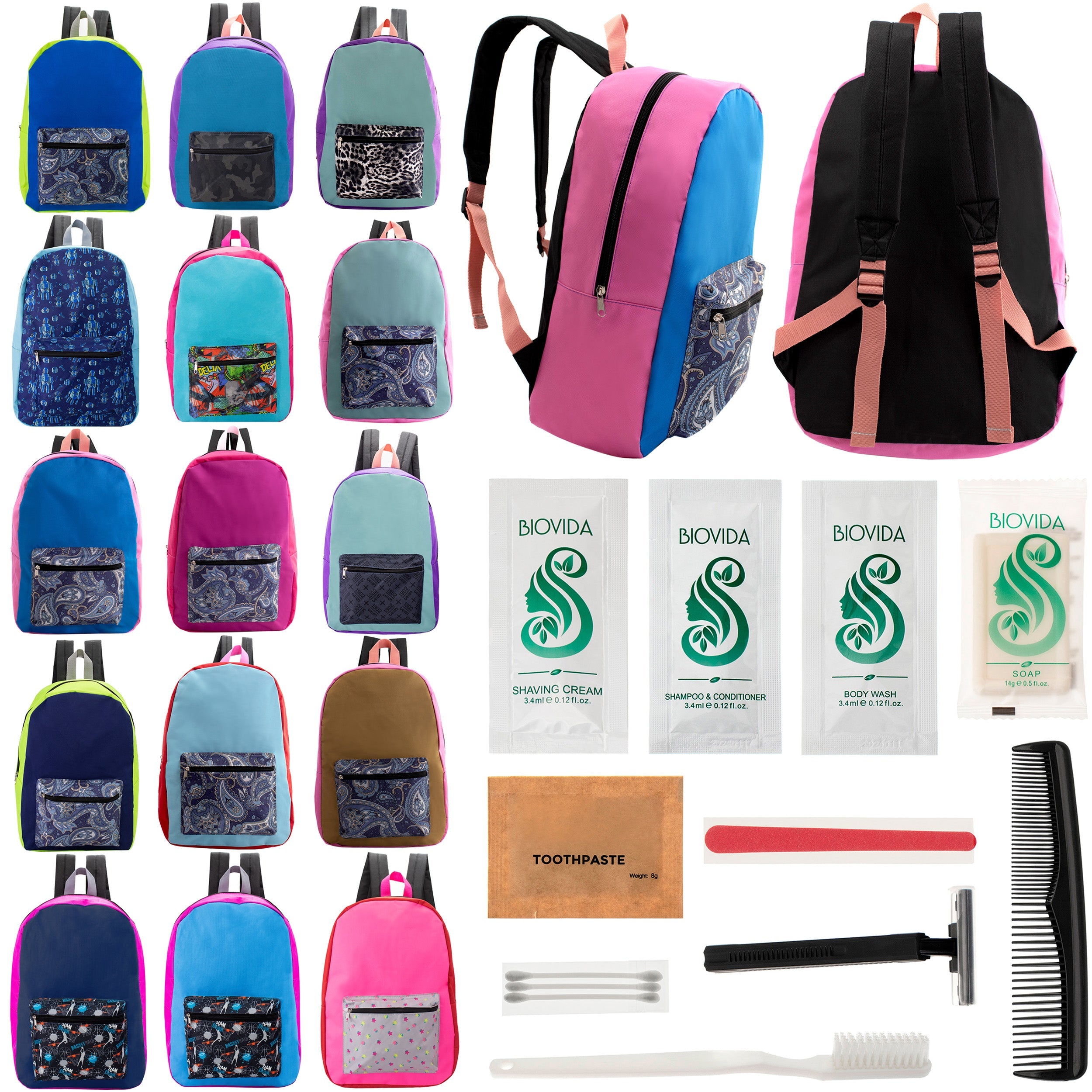 12 17" Backpacks in Assorted Random Prints & Your Choice of 12 Bulk Hygiene Kits - Wholesale Care Package: Homeless, Emergency, Charity