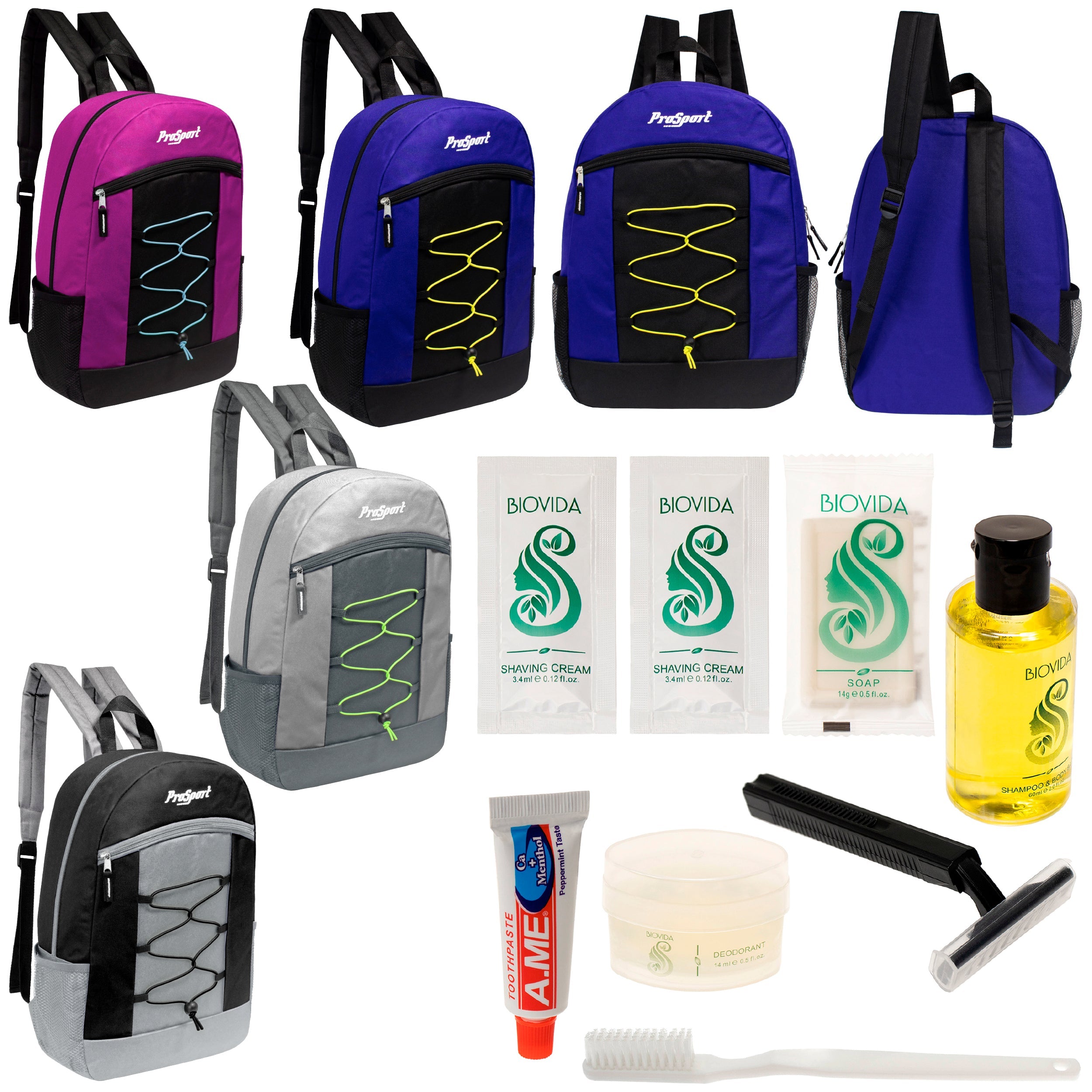 12 Multi-Color 17" Bungee Backpacks in 4 Color Combinations & Your Choice of 12 Bulk Hygiene Kits - Wholesale Care Package: Homeless, Emergency, Charity