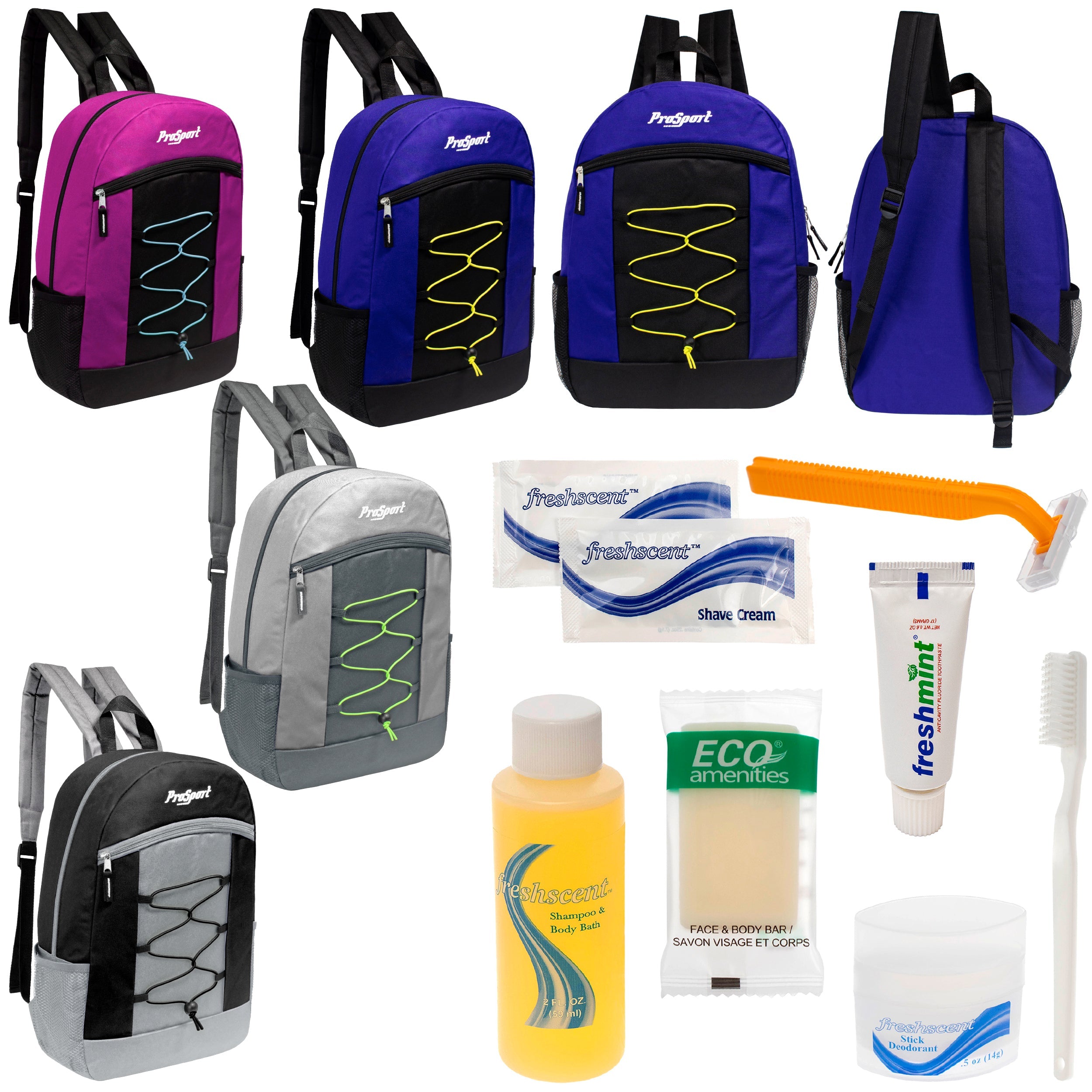 12 Multi-Color 17" Bungee Backpacks in 4 Color Combinations & Your Choice of 12 Bulk Hygiene Kits - Wholesale Care Package: Homeless, Emergency, Charity