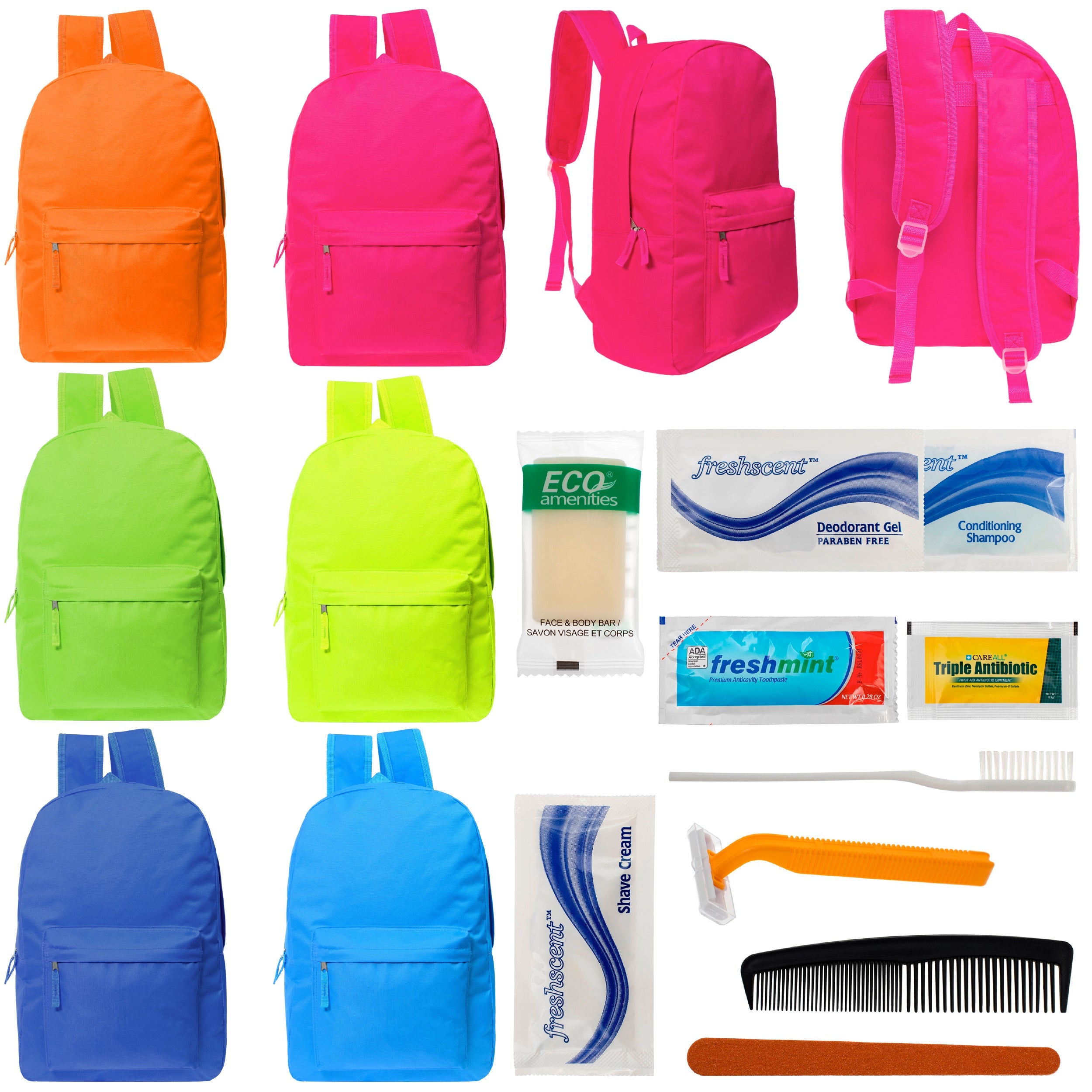 12 Bright Color 17" Backpacks in 6 Colors & Your Choice of 12 Bulk Hygiene Kits - Wholesale Care Package: Homeless, Emergency, Charity