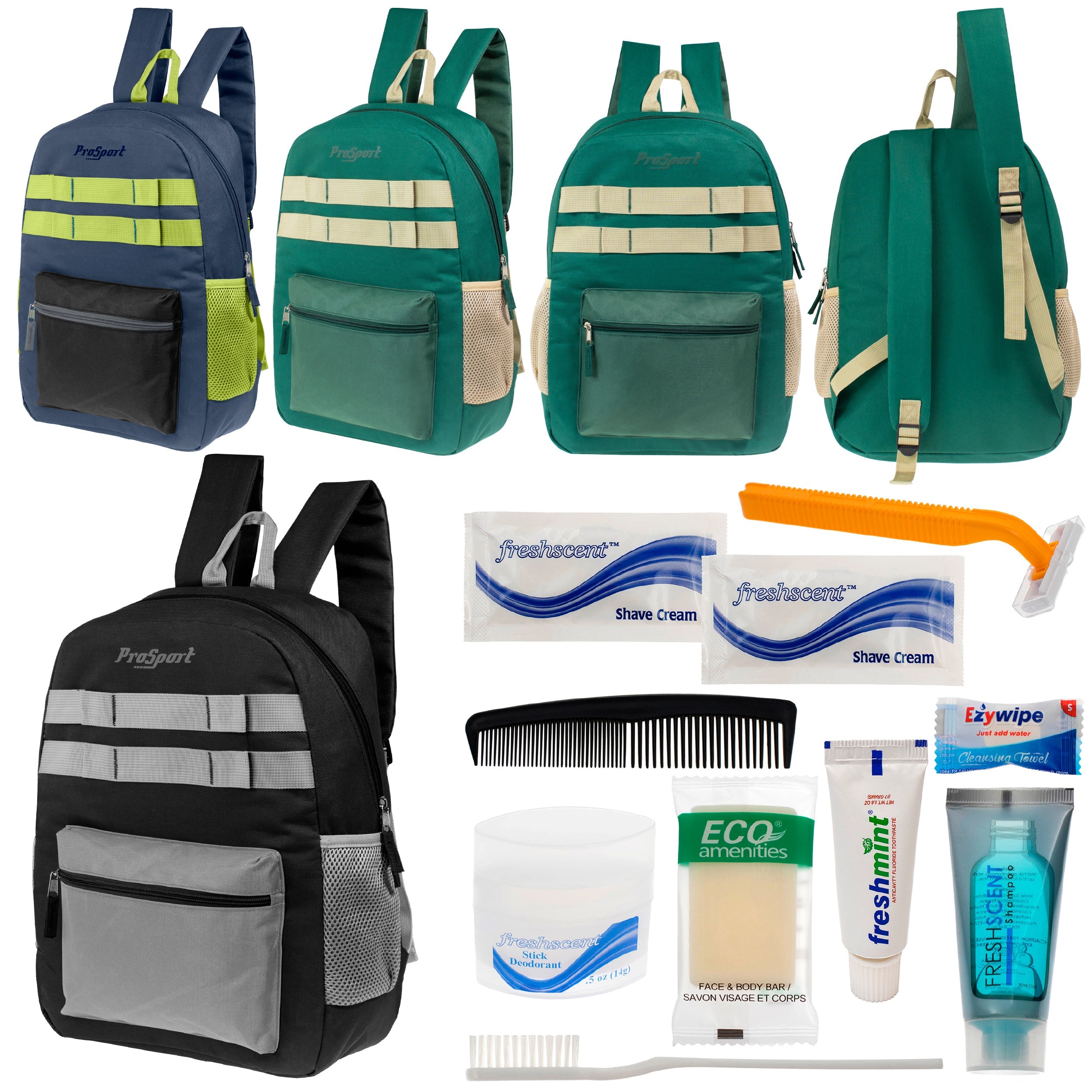 12 Multi-Color 17" Backpacks w/Accent Trim & Your Choice of 12 Bulk Hygiene Kits - Wholesale Care Package: Homeless, Emergency, Charity