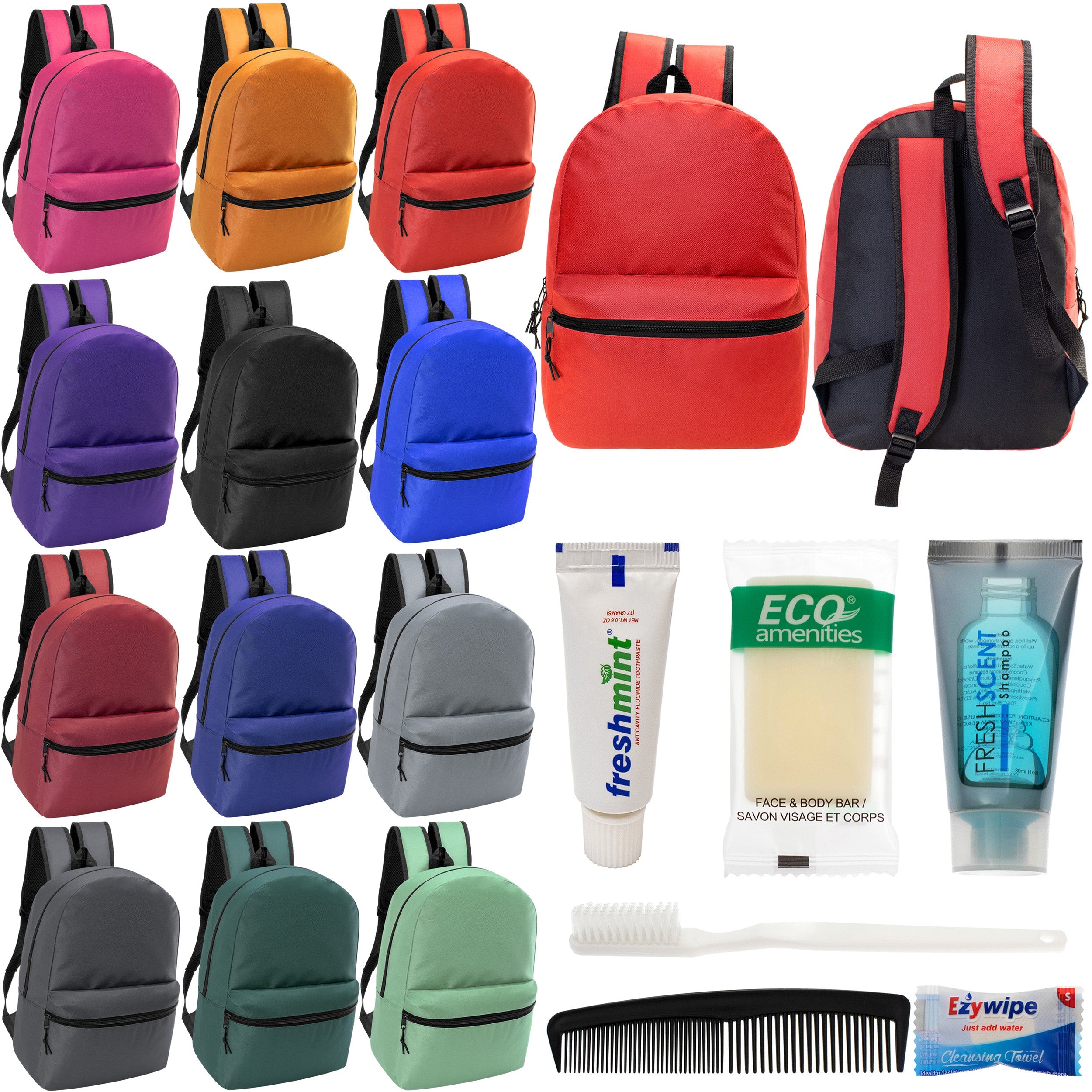 12 Basic 18.5" Backpacks in 12 Assorted Colors & Your Choice of 12 Bulk Hygiene Kits - Wholesale Care Package: Homeless, Emergency, Charity