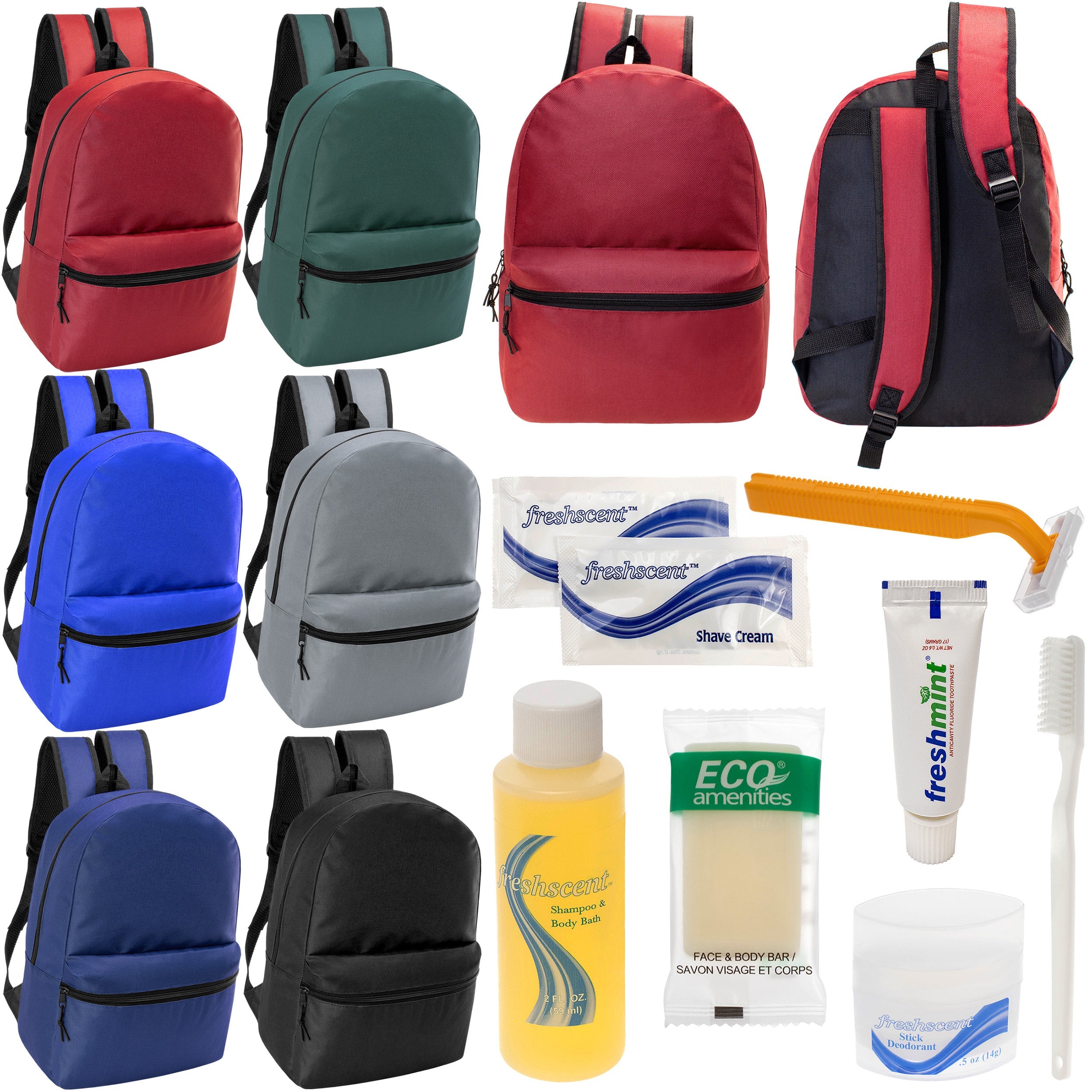 12 Basic 18.5" Backpacks in 6 Assorted Colors & Your Choice of 12 Bulk Hygiene Kits - Wholesale Care Package: Homeless, Emergency, Charity