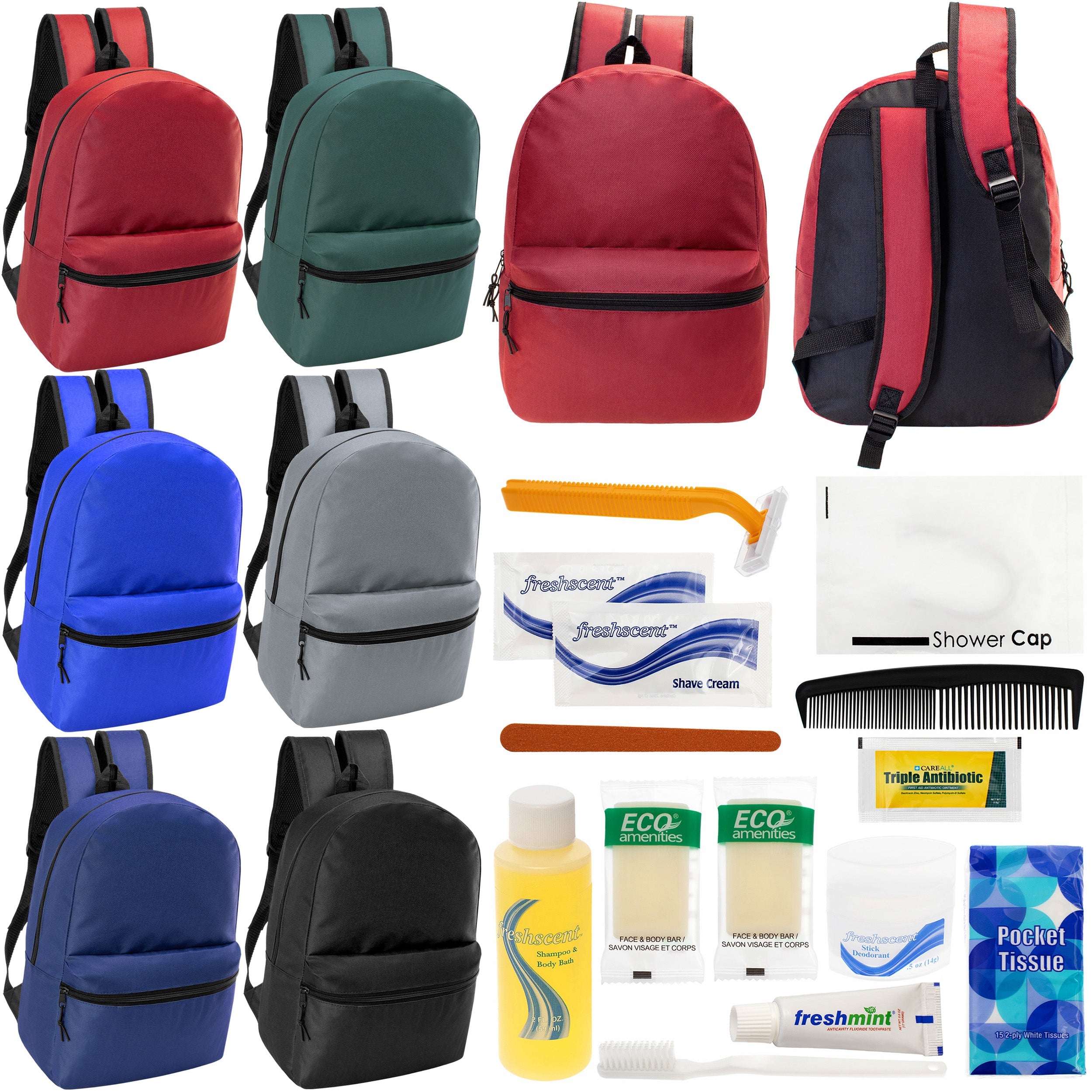 12 Basic 18.5" Backpacks in 6 Assorted Colors & Your Choice of 12 Bulk Hygiene Kits - Wholesale Care Package: Homeless, Emergency, Charity