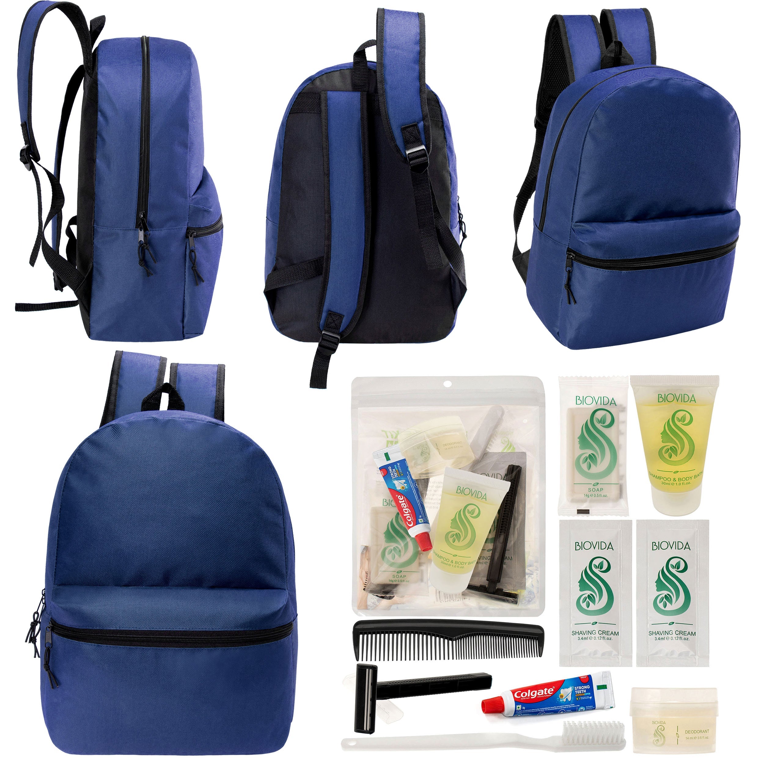 12 17" Classic Backpacks in Navy Blue & Your Choice of 12 Bulk Hygiene Kits - Wholesale Care Package: Homeless, Emergency, Charity
