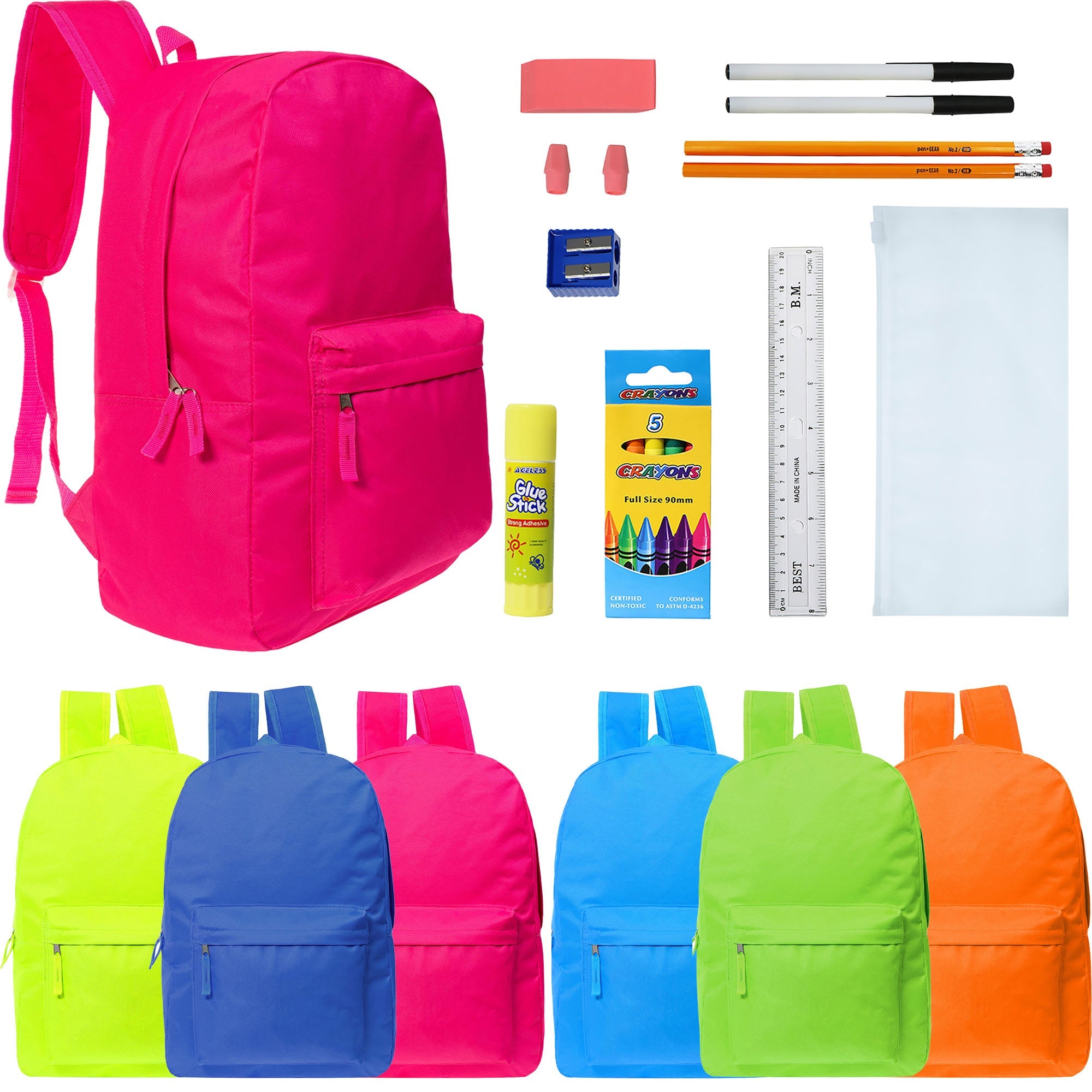 17 Inch Bulk Backpacks in Assorted Colors with School Supply Kits Wholesale - Case of 12