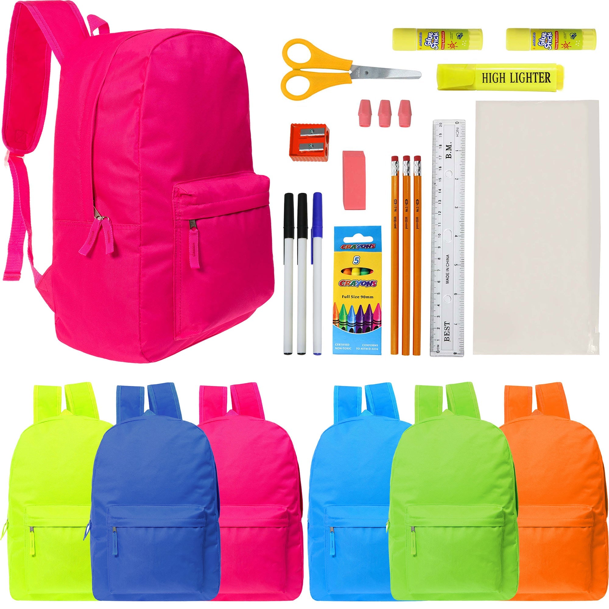 17 Inch Bulk Backpacks in Assorted Colors with School Supply Kits Wholesale - Case of 12