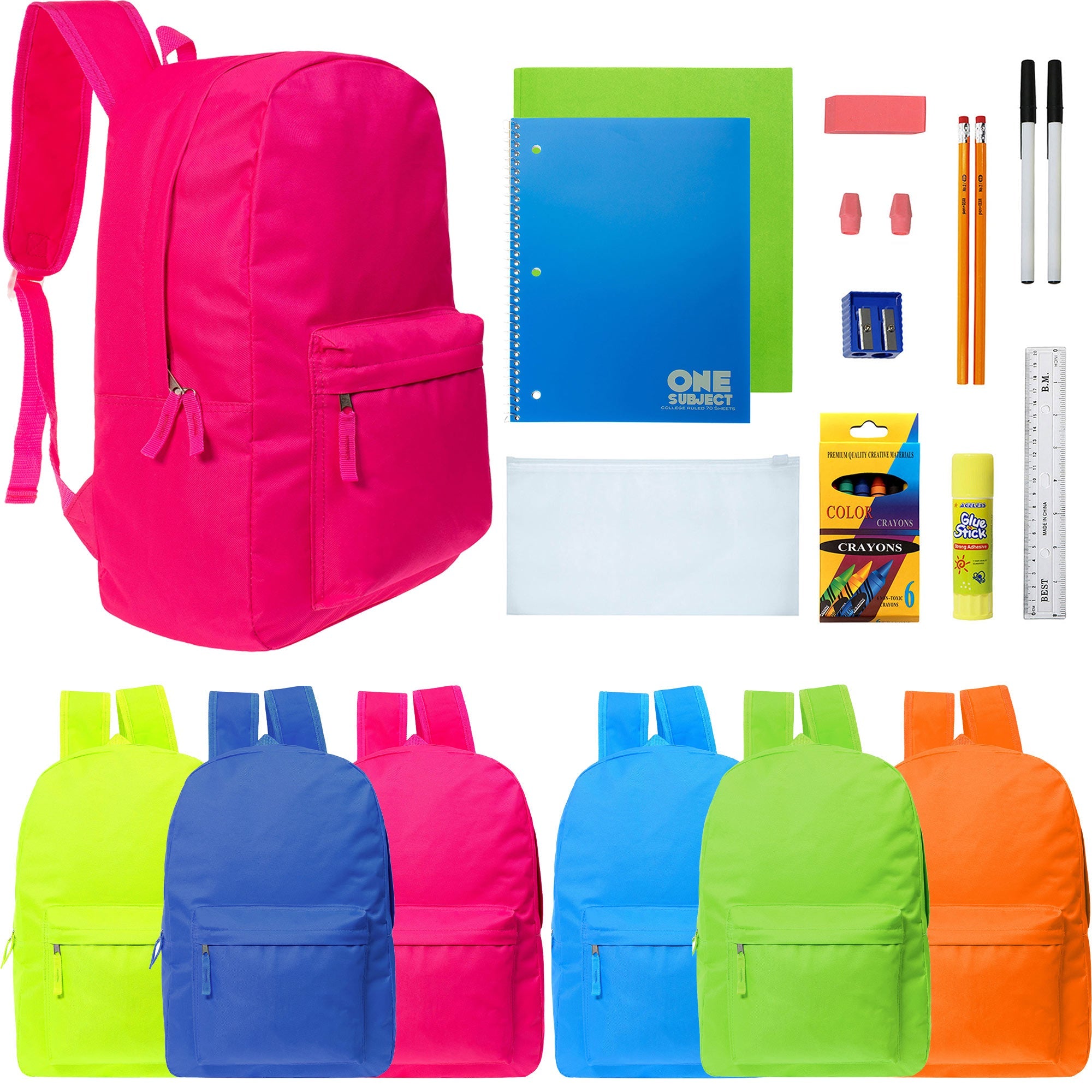 17 Inch Bulk Backpacks in Assorted Colors with School Supply Kits Wholesale - Case of 12