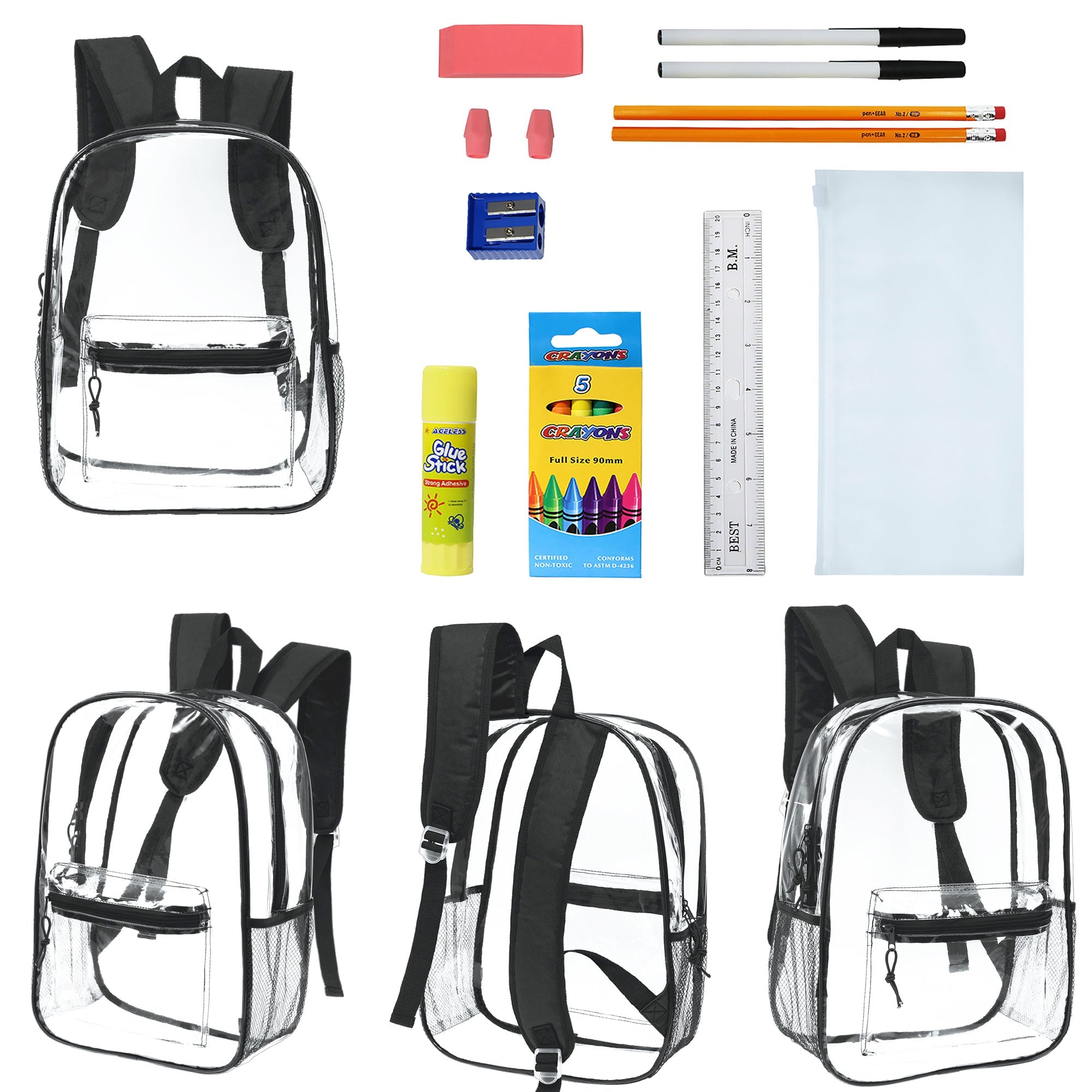 12 Wholesale 17" Clear backpacks with Black Trim & 12 Bulk School Supply Kits of Your Choice