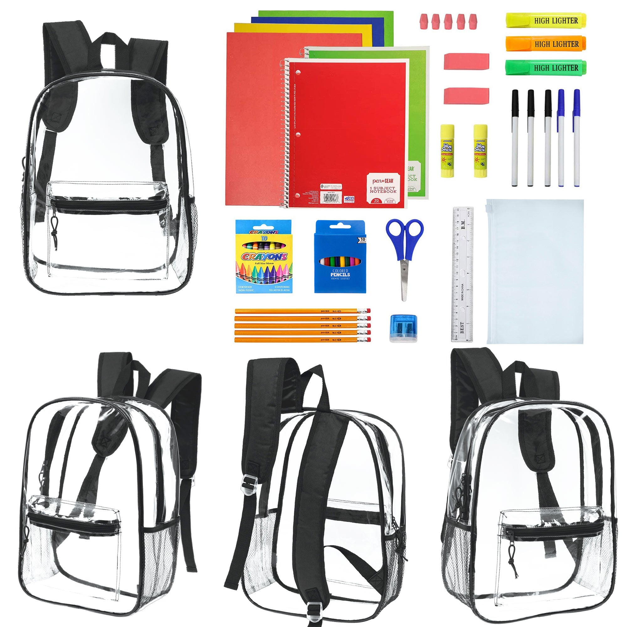 12 Wholesale 17" Clear backpacks with Black Trim & 12 Bulk School Supply Kits of Your Choice