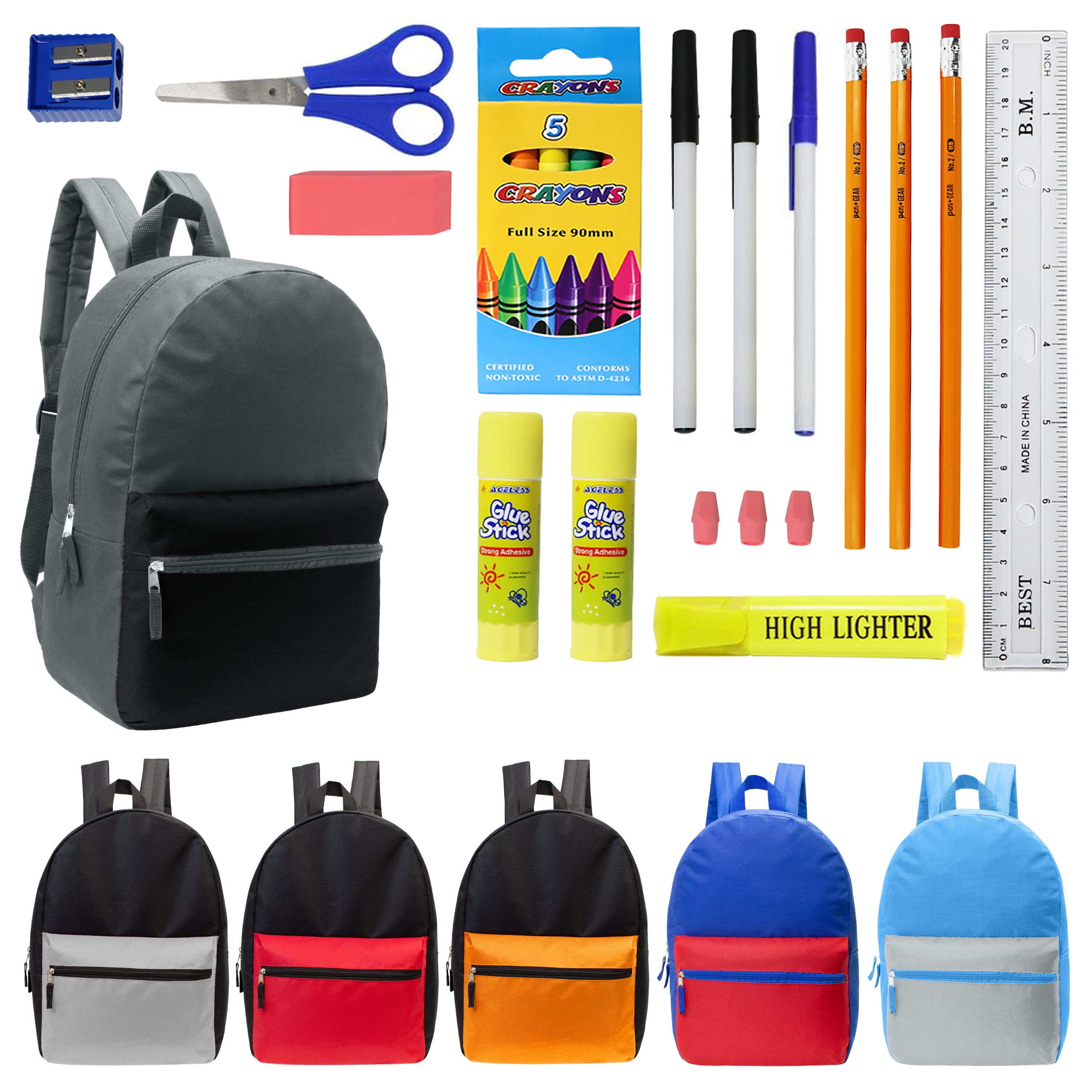 12 Multi Color Kids Basic Backpacks in Assorted Colors & 12 Bulk School Supply Kits of Your Choice